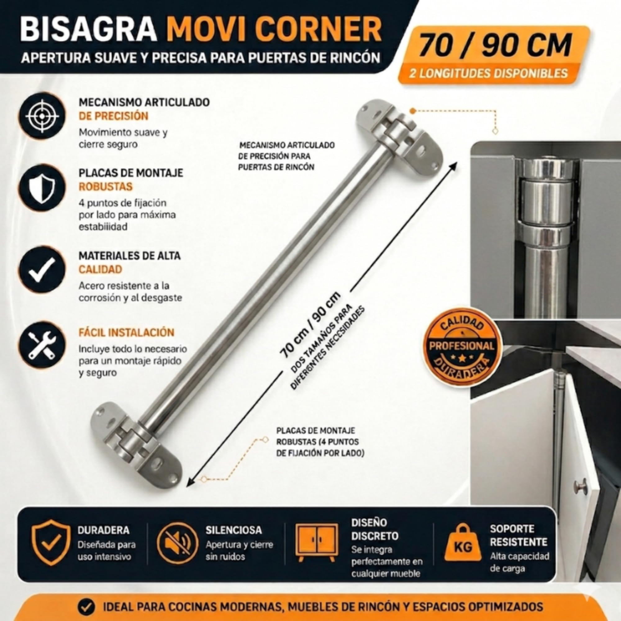 Bisagra Movi-Corner para Muebles de Rincón, 70 cm-90 cm, Montaje en Esquina, para Puertas de Cocina (Inox Brillante, 70 cm)