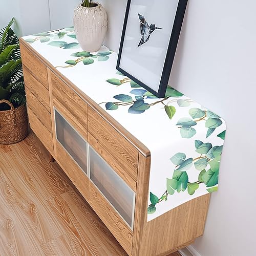 Miniatura 7 de Camino de mesa botánico para primavera y verano, aniversario, plantas tropicales, hojas, rama, vegetación, vacaciones, color verde azulado, mesa