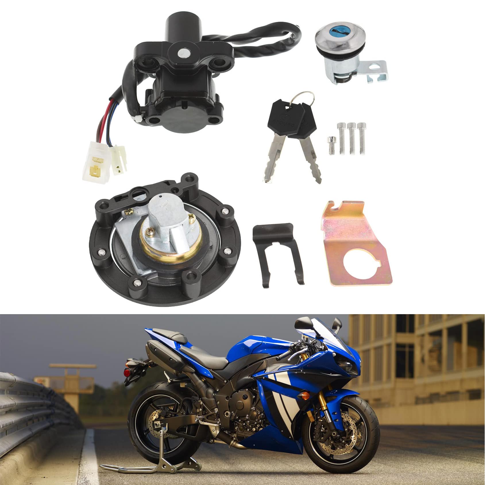 ANTUKO Ignition Switch Lock Set Gas Cap & Key Replacement for YZF R1 2004-2015 R6 2006-2015