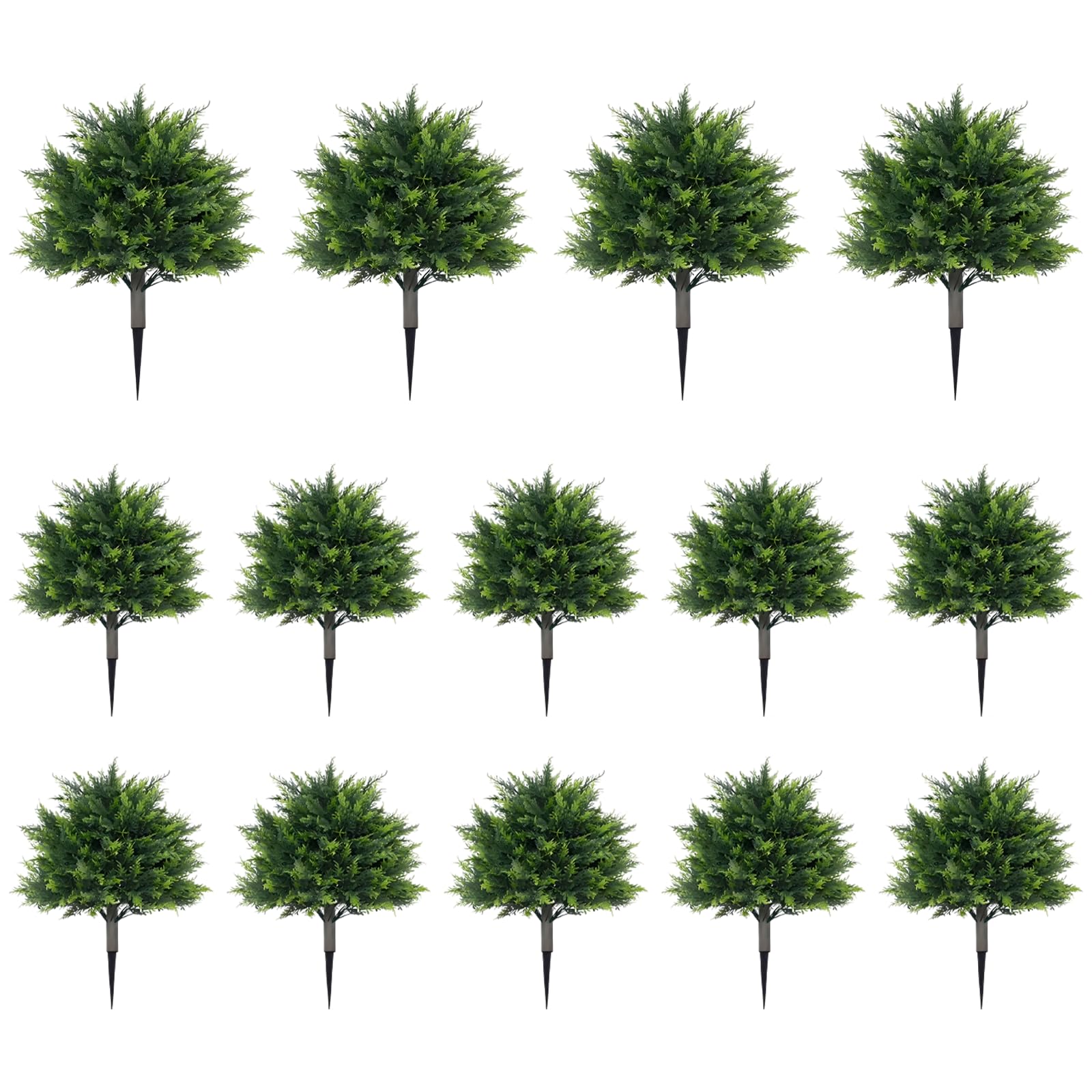 Packool 14 Pcs Outdoor Artificial Cedar Topiary Tree, Faux Evergreen Shrubs 17.7 in / 45 cm with 5.9 in / 15 cm Ground Insert, Lifelike Fake Bushes for Front Porch Decor, Indoor and Outdoor