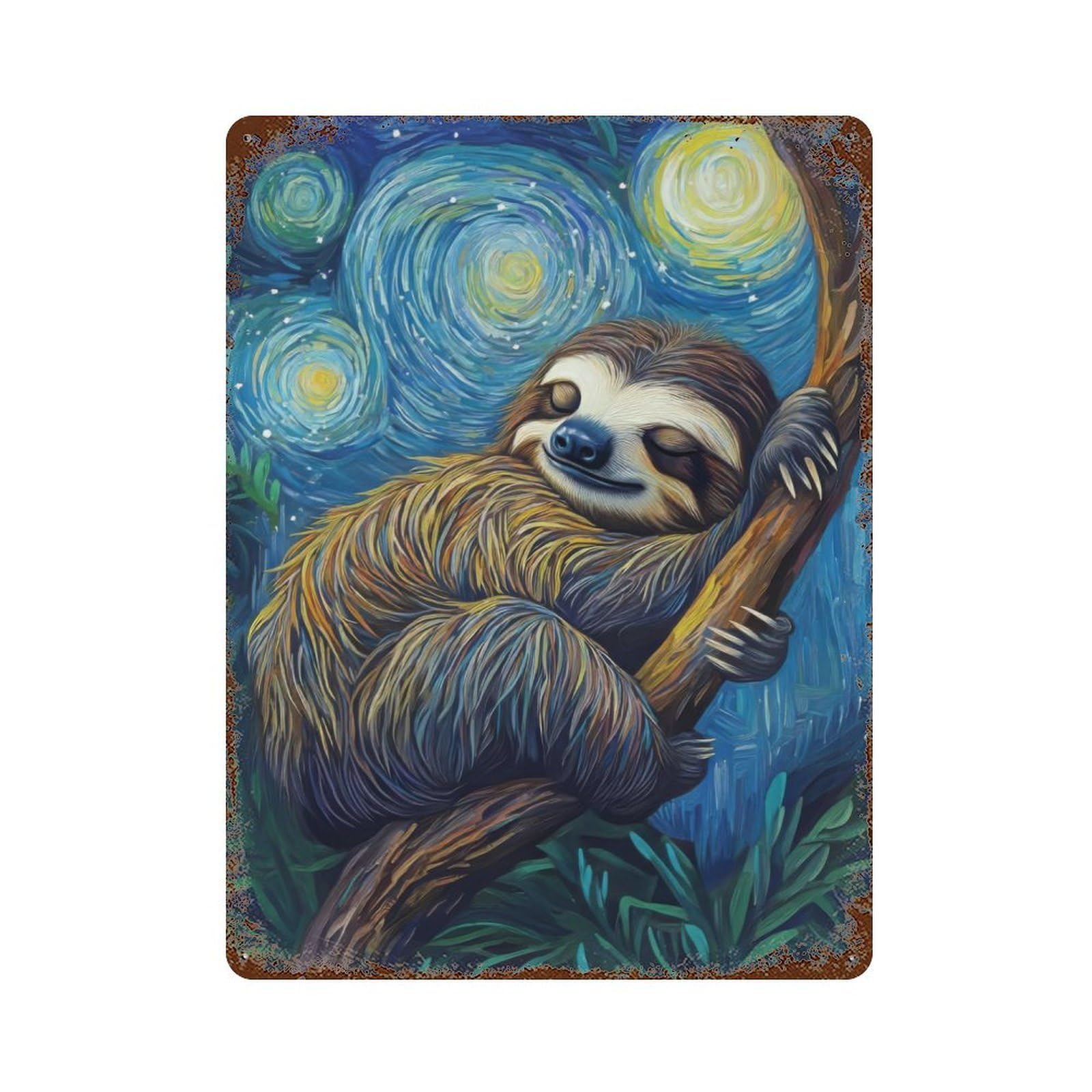 Sloth in Starry Night Distressed Metal Wall Sign 15.7"x11.8", Ideal for Garage, Bar And Workshop Decor
