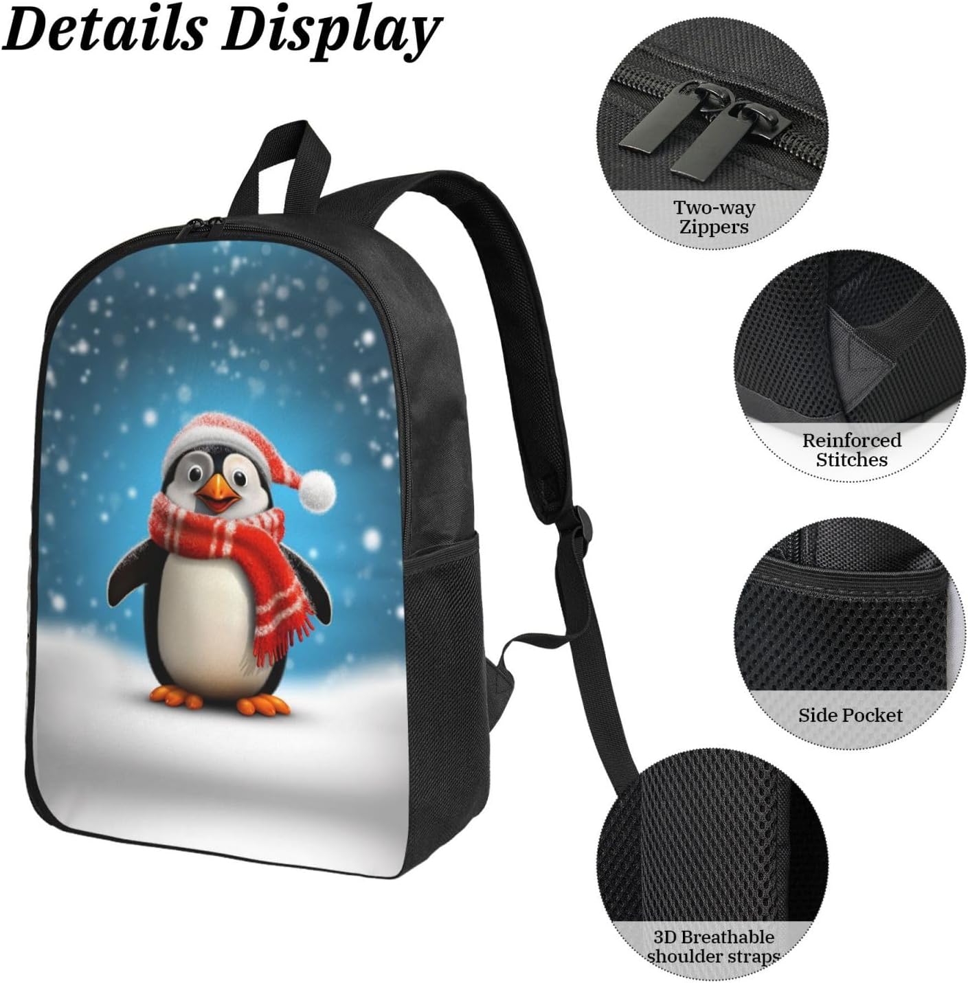 Christmas Funny Penguin Backpack Set 3 PCS - 17 Inch Laptop Backpack with Lunch Bag, Waterproof Daypack Insulated Lunch Box Large Capacity Coin Pouch Personalized Gift image 5
