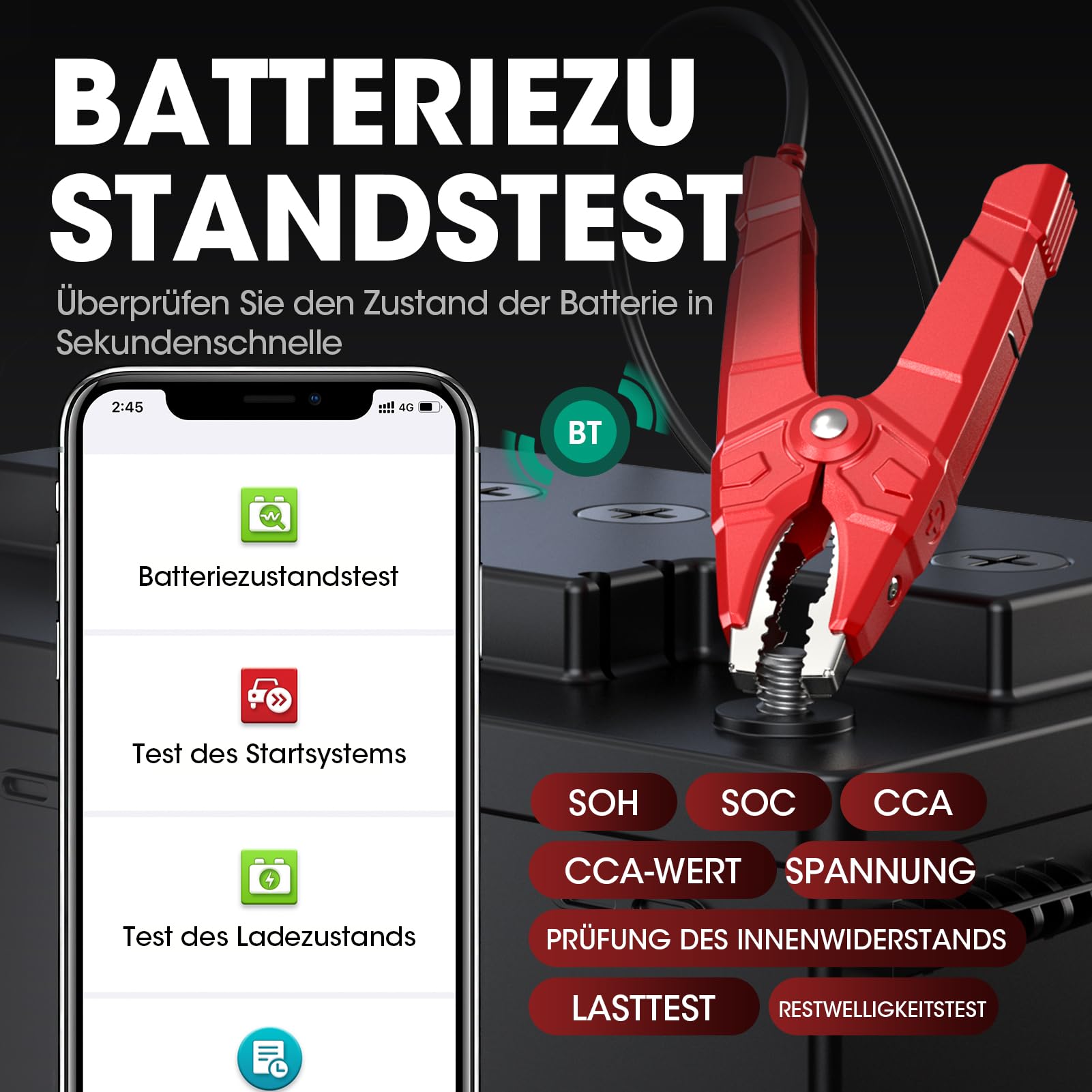 LAUNCH BST360 Batterietester für Auto, 12 V, 100 – 2000 CCA Bluetooth, Werkzeug für Autobatterie, Gesundheitsprüfungen für Auto, LKW, Motorrad, ATV, SUV, Boot, Yacht