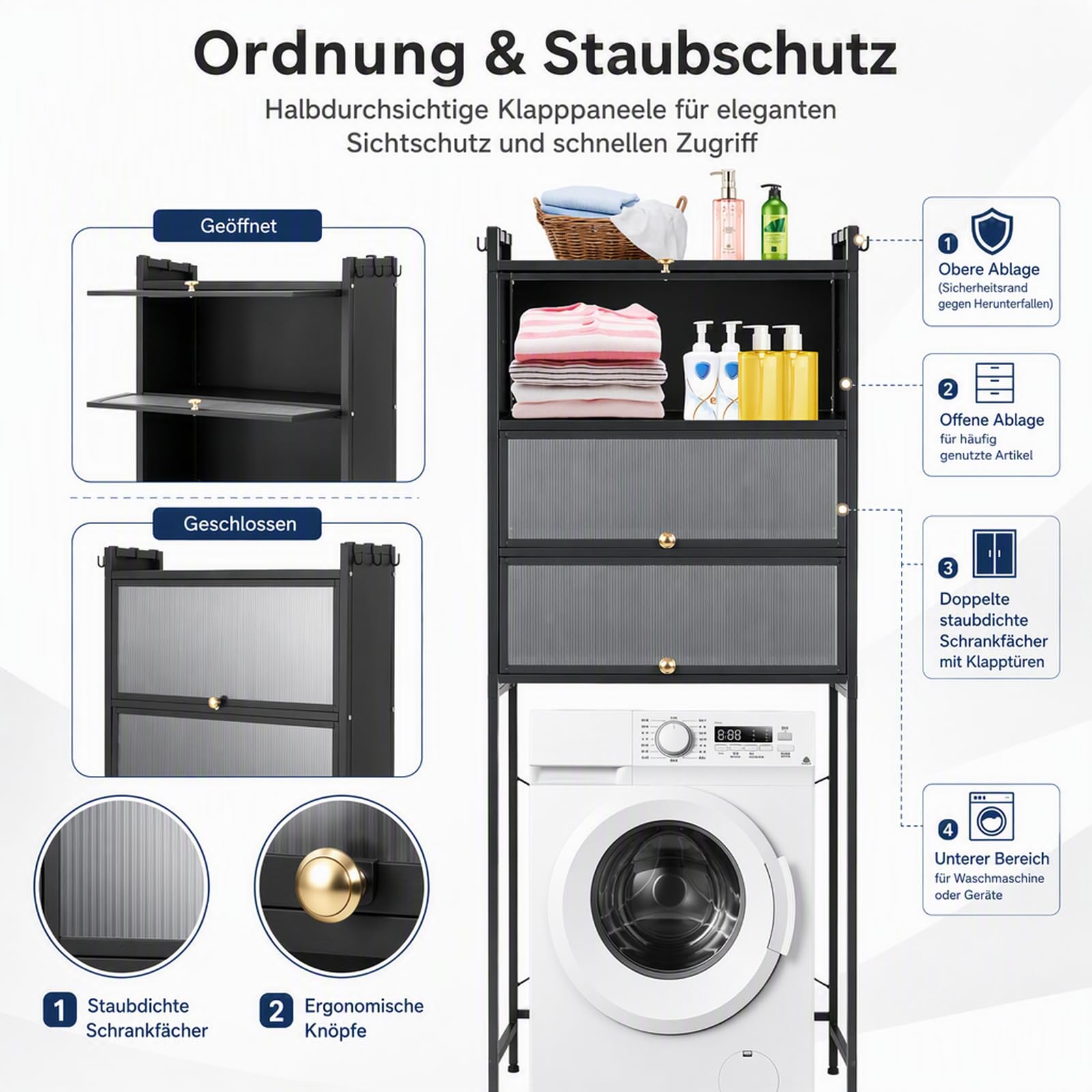 Aufbewahrungsregal mit Schrank,Waschmaschinenschrank Badezimmerschrank für Waschmaschine/Trockner, Waschmaschinen Regal Waschmaschinenschrank,für Küchen, Bäder,Waschküchen,Garagen (Schwarz)