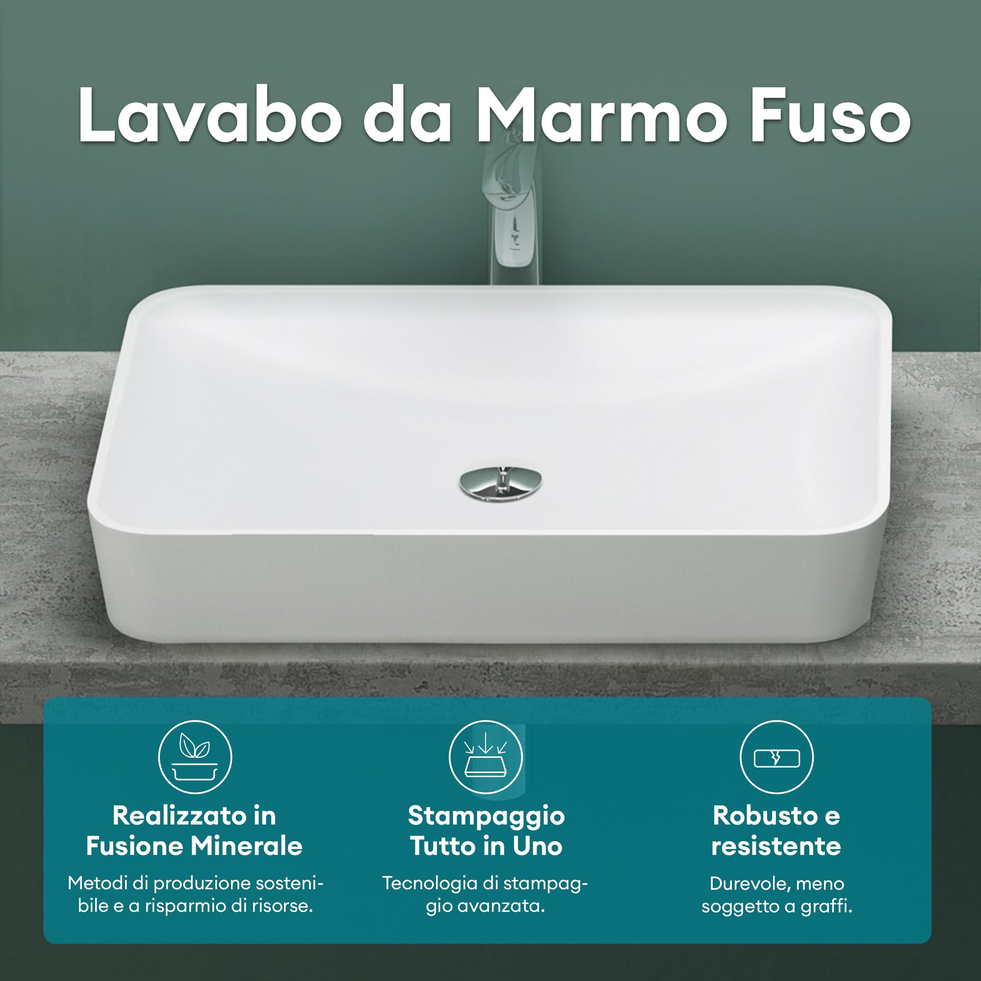 Mai & Mai Lavabo da Appoggio 60x40x9cm in Minerale Fuso, Colossum815 | Lavandino Bagno, Bianco Opaco, Stampaggio Monopezzo, Nano-rivestimento