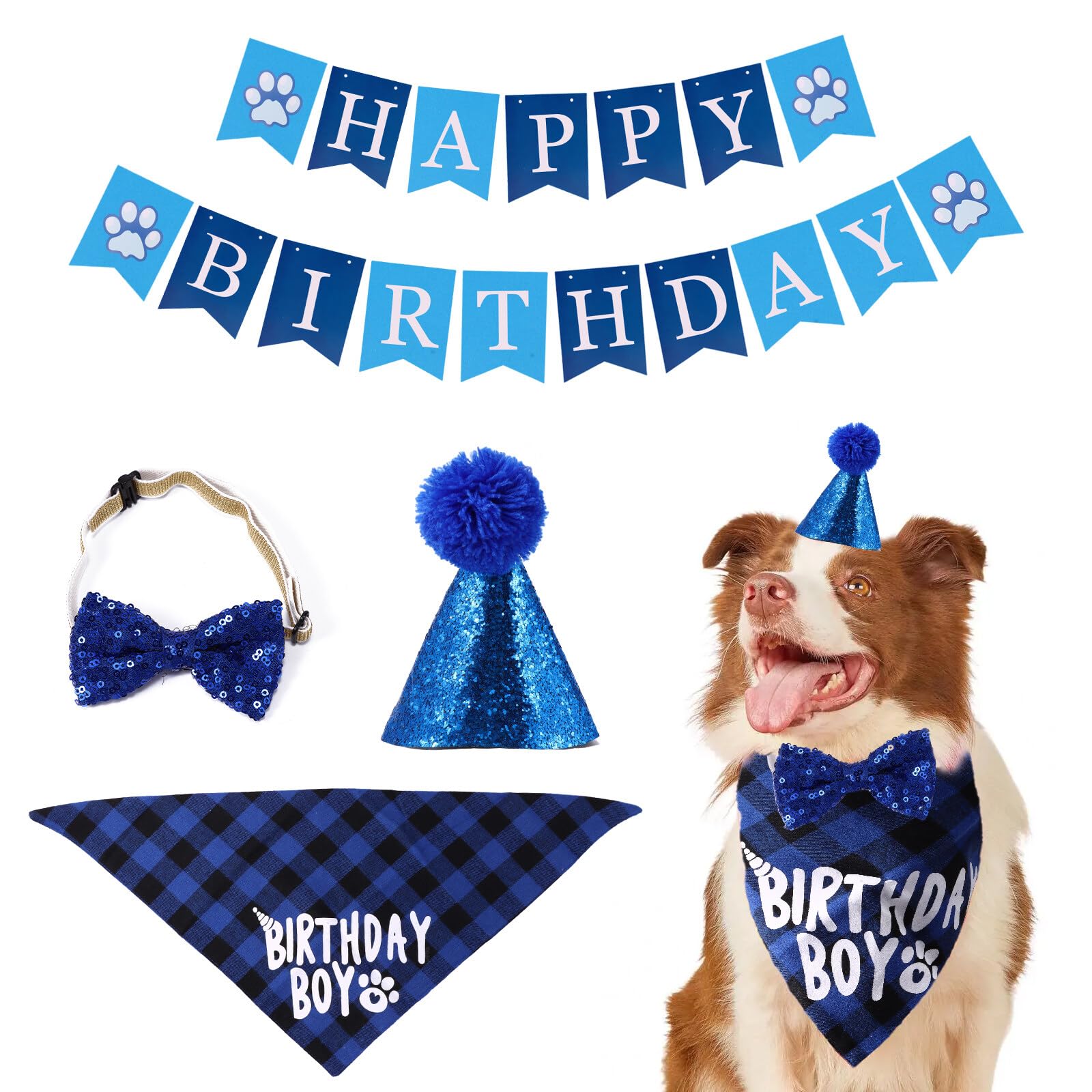 Bwetomk 4Pcs Dog Birthday Party Supplies Plaid Dog Birthday Bandana Boy Scarf Reusable Dog Birthday Hat, Bow Tie, Pets Birthday Party Banner, Party Supplies Birthday Outfit For Cat Dog Decoration