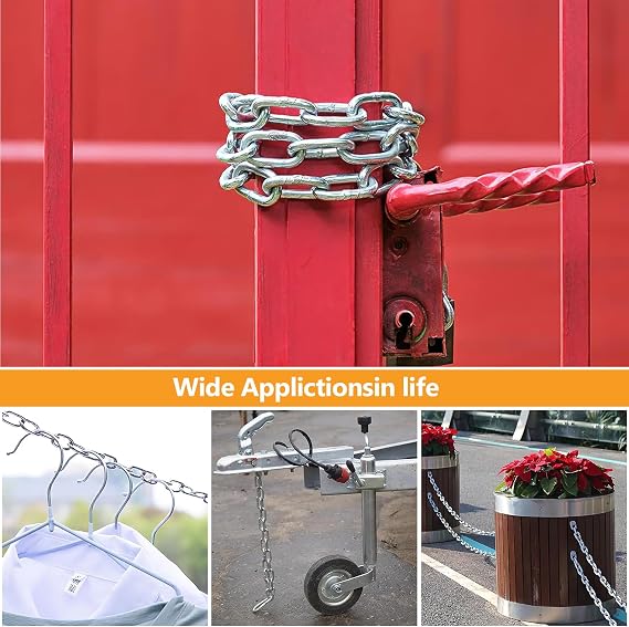 Stainless Steel Chains, 1 Metre Heavy Duty Chain Links, Metal Security Chain, 6mm Steel Welded Link Chains for Fence Gate Door Bike Bicycle Swing Security Lock Lift, with Carabiner