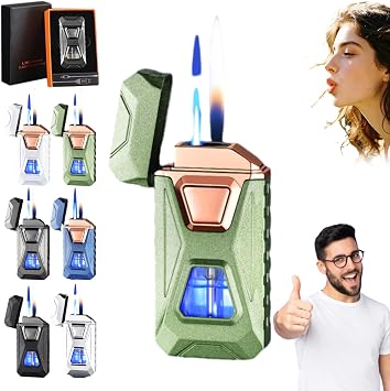 Voice Activated Dual Flame Lighter, USB Rechargeable Windproof Refillable with Visible Window, Four Ignition Modes, Multifunctional Portable Lighter Green