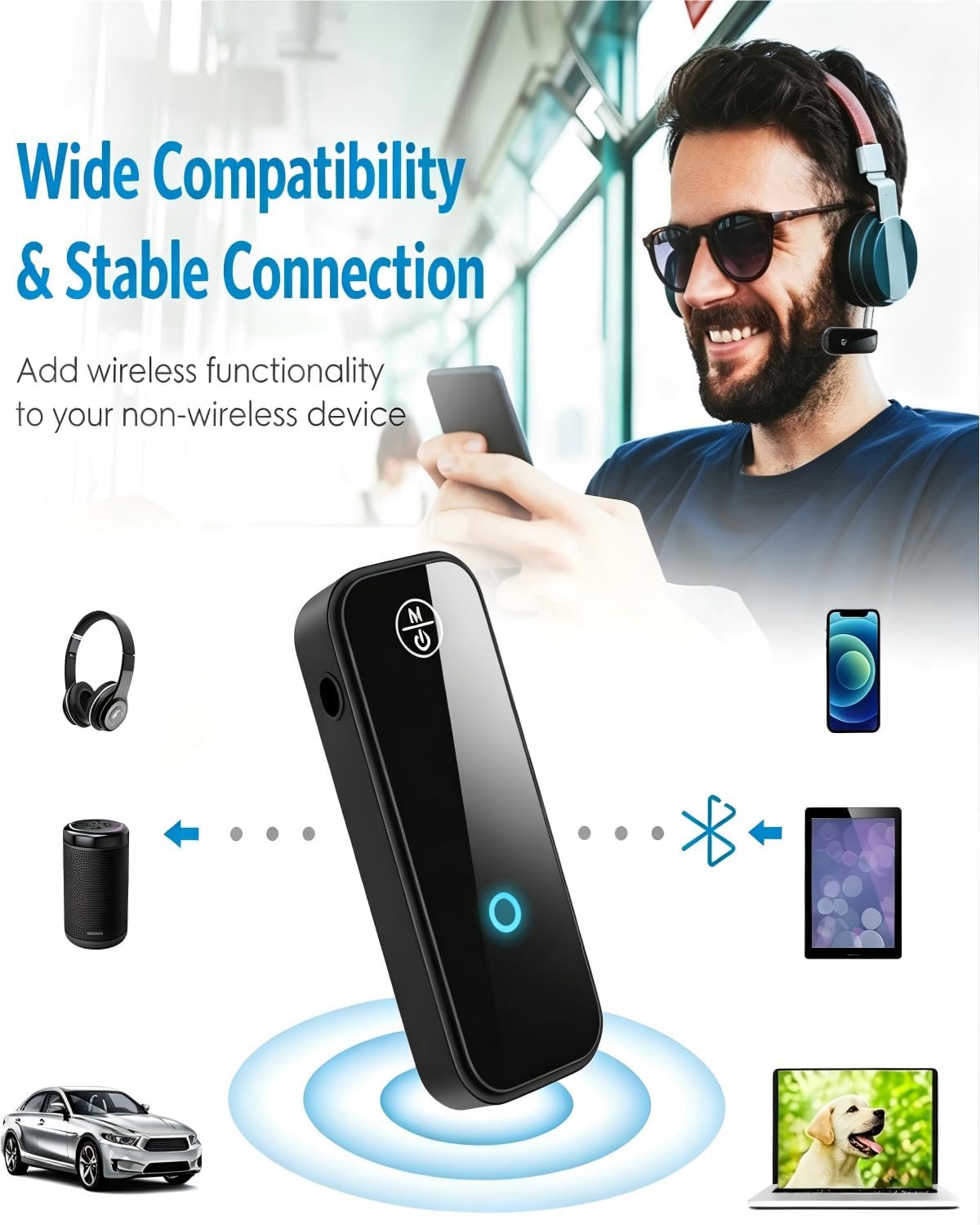 Bluetooth 5.4 Receiver for Car and Receiver, 2-in-1 Aux Bluetooth Adapter 3.5mm, Built-in Mic Hands-Free Calls Crystal Clear Sound, for Cars Headphones Home Stereo Speakers