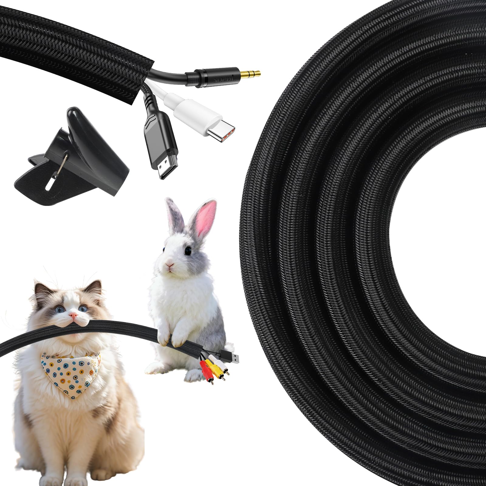 16.4ft-3/4 inch Cable Tidy Black Wire Covers Cord Protector for Pets Wire Protector from Pets Self-Winding Cable Tidy Sleeve Prevent Dogs Cats Chewing for USB Power Audio PC/TV Cords Home Office