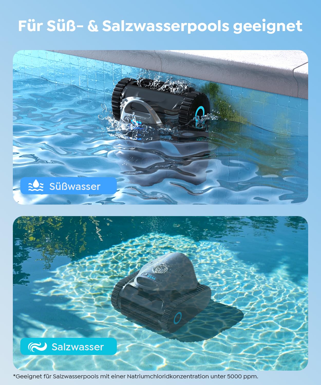 C1 Poolroboter Boden und Wand & Wasserlinie (2026 Neu) | Doppelfilterung, 180 Min. Akku, 7 Modi, App-Steuerung, bis 150 m², leichtes Entnehmen, für Süß- & Salzwasser