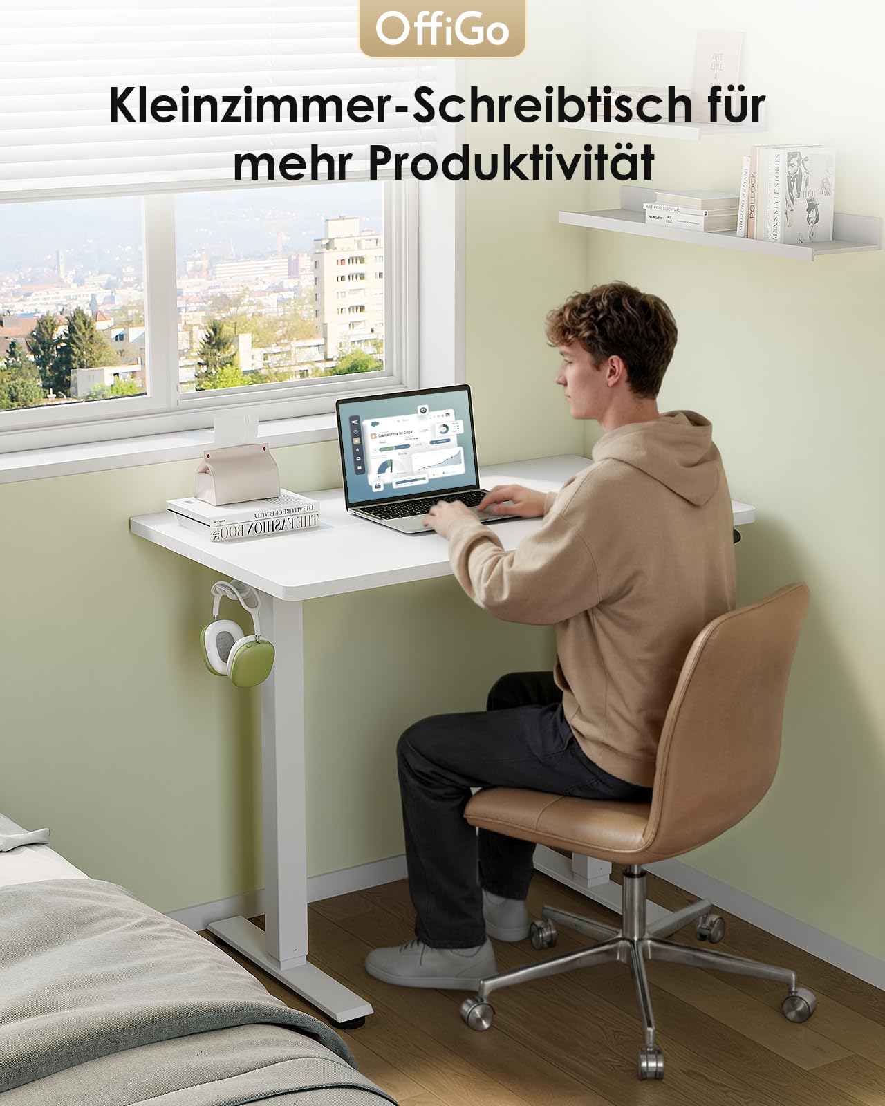 OffiGo Biurko Regulowane Wysokością, 90cm, Biały | Elektryczne Biurko Regulowane Wysokością, z 3 Funkcjami Pamięci, Kompaktowe do Małych Przestrzeni do Domu