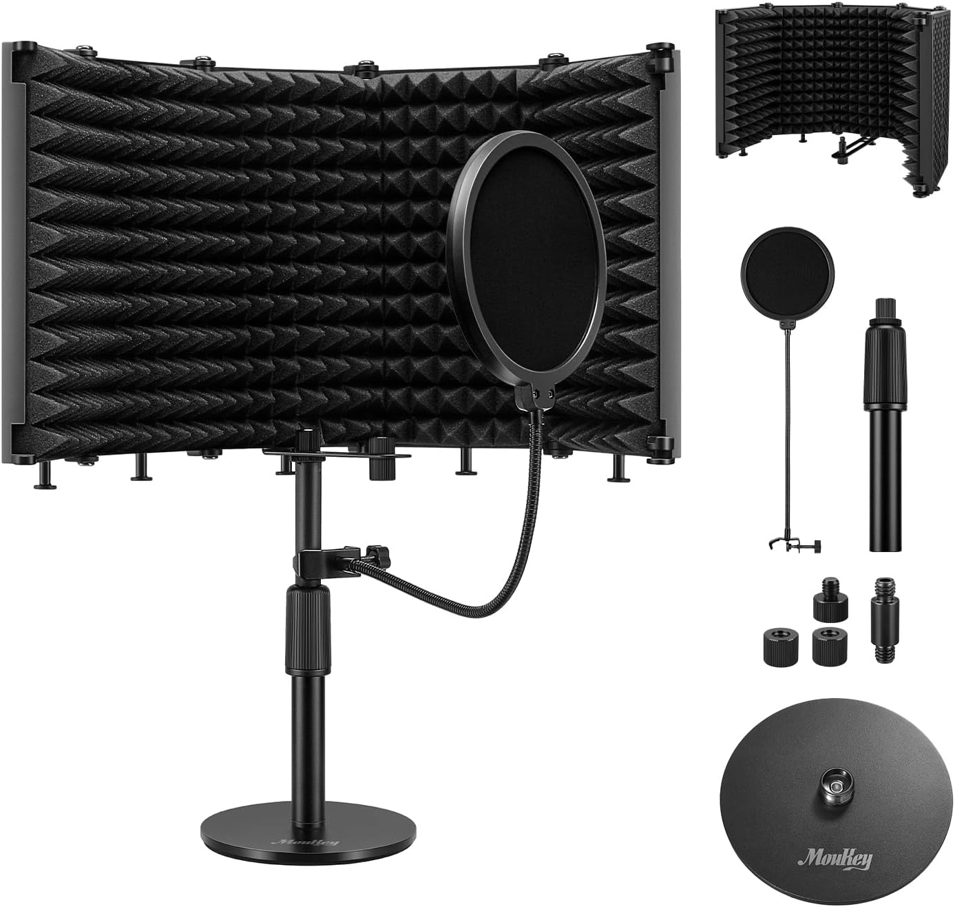 Moukey Microphone Isolation Shield, with Pop Filter& Table Stand, Foldable Mic Shield with Triple Sound Insulation, High Density Mic Sound Shield for Recording Studio, Podcasts, Singing, Broadcasting