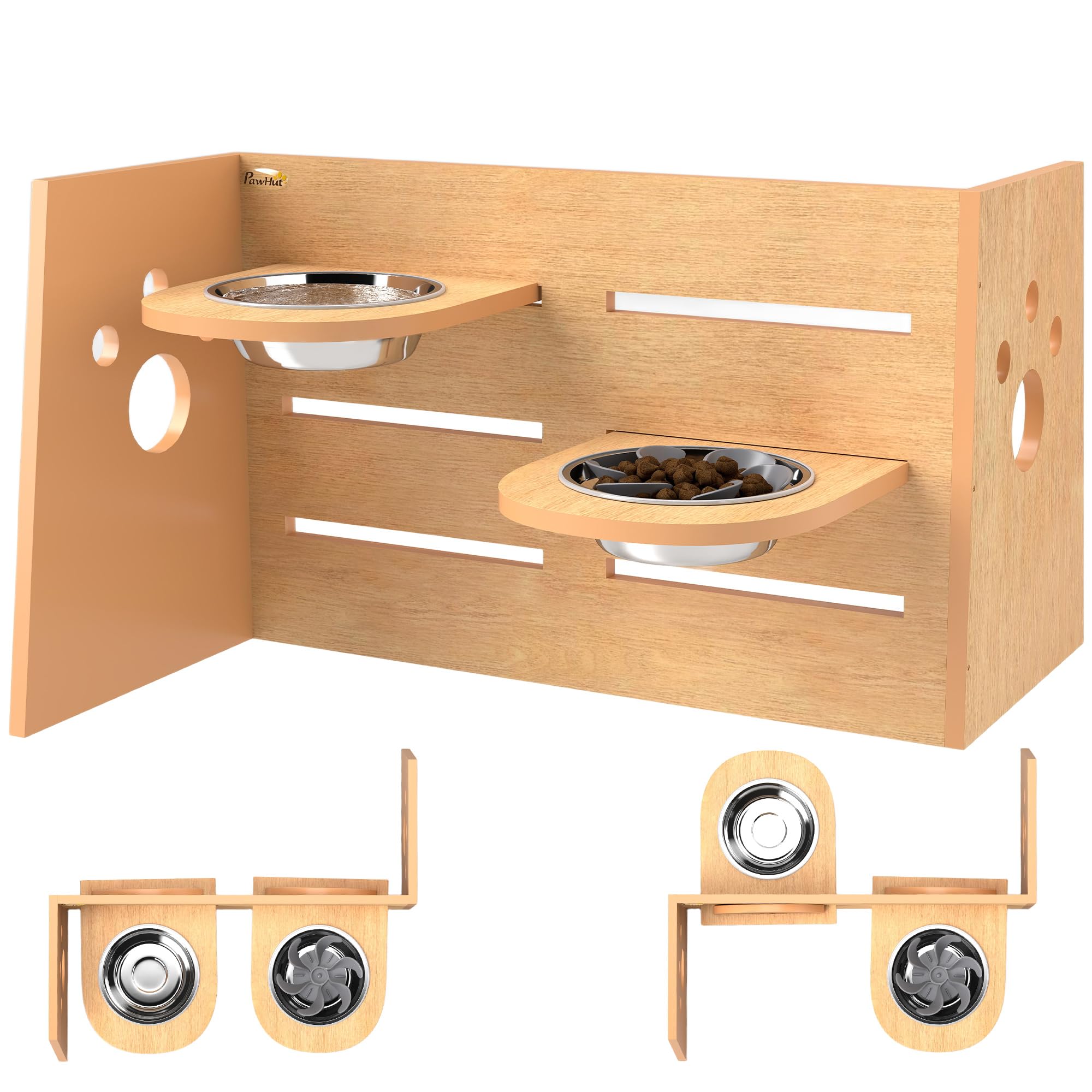 PawHut Ciotola per Cani rialzata di 3 Altezze Regolabili, Ciotola per Cani con 2 Ciotole in Acciaio Inox, Tappetino per Alimentazione Lento, Design Separato, per Cani Piccoli, Medi e Grandi, Rovere