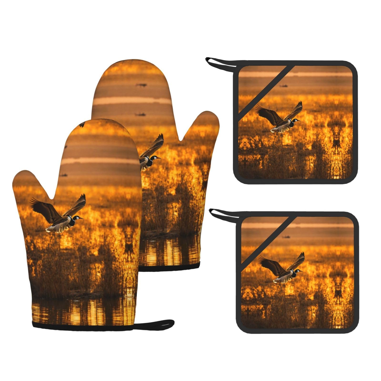 Loon Nature Bird Printed Cooking Mitts and Pot Holders 4 Pcs, Heat Resistant Oven Gloves with Hanging Loop Chef