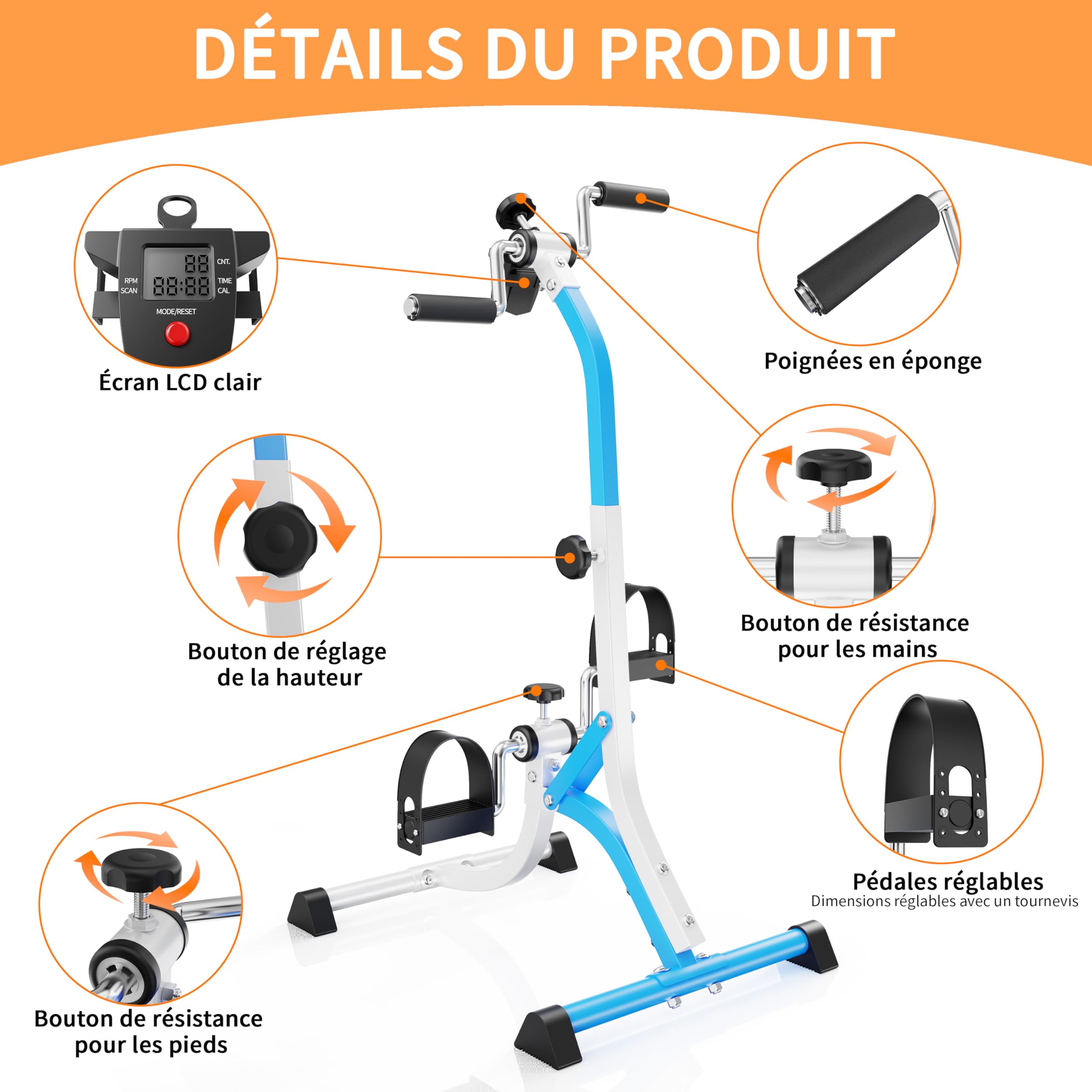 Vélo d'entraînement, poignées et écran LCD pour la rééducation et le renforcement musculaire des membres supérieurs et inférieurs à domicile