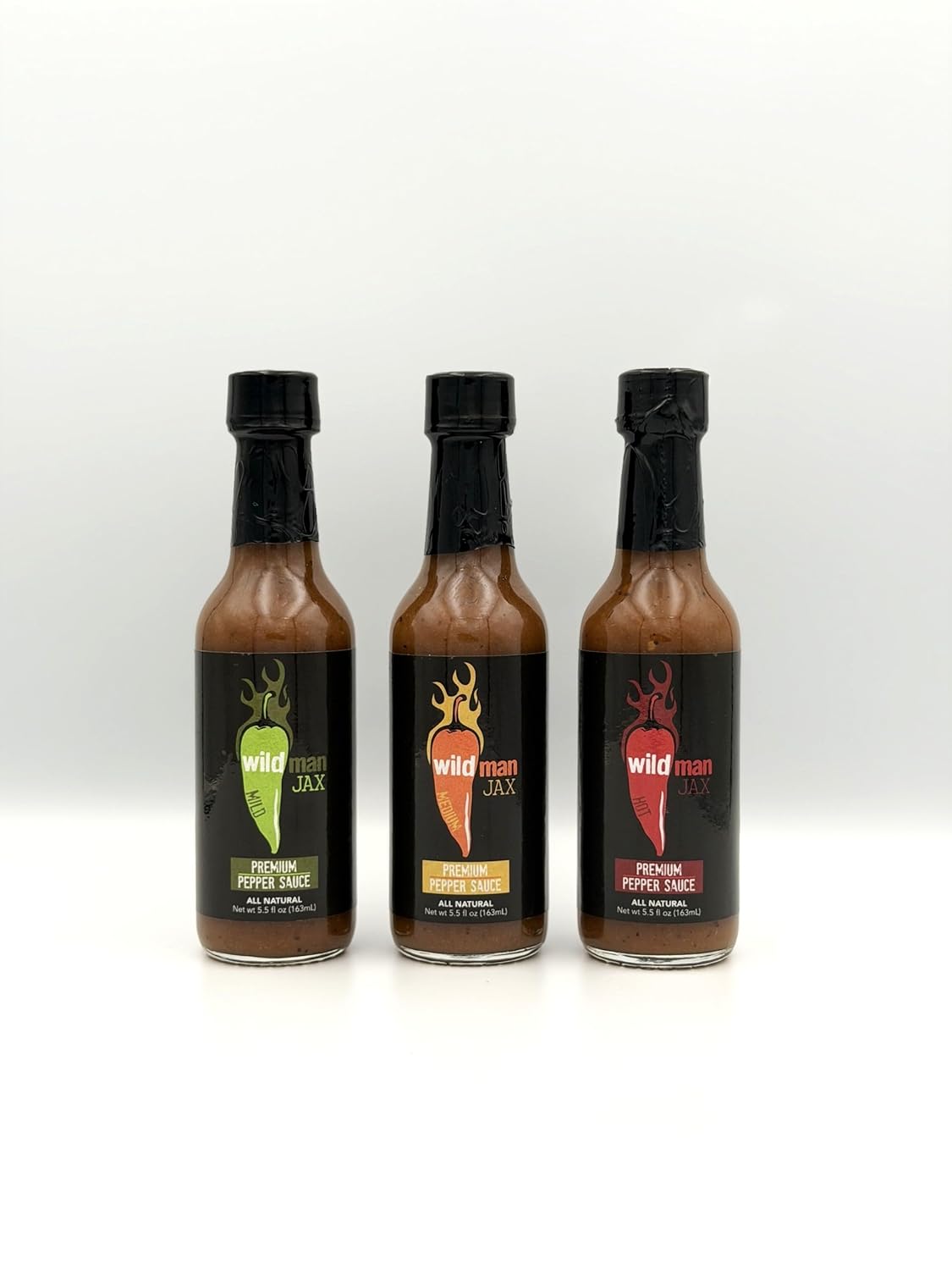 Wildman Jax Premium Pepper Sauce Variety 3 Pack - Mild, Medium, Hot - 5.5 oz Bottles (Variety Pack)