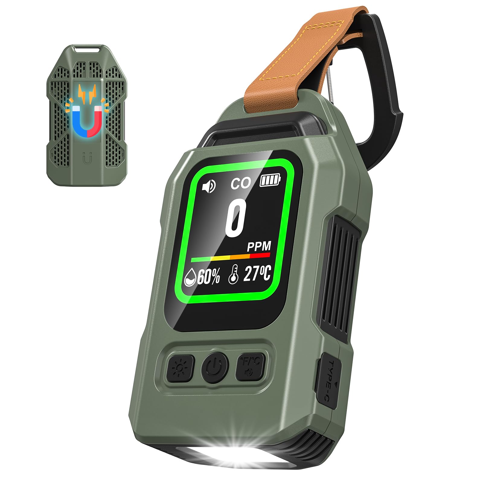 Detector de Monóxido de Carbono Portátil, 300 Horas de Autonomía, Medidor de Temperatura y Humedad, con función de Alarma y Linterna de Emergencia, Ideal para acampadas, Viajes, Coches y cocinas.