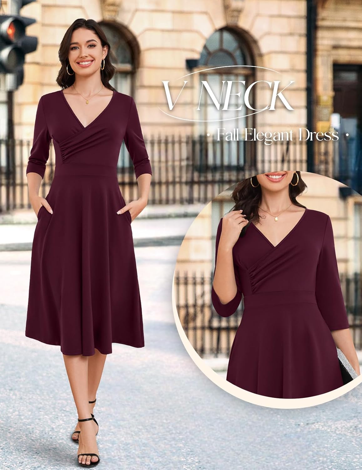Bbonlinedress Cocktail Dress Formal Wedding Guest 3/4 Sleeve Christmas Dress Church A-Line V-Neck Swing Midi Tea Dress - Image 5