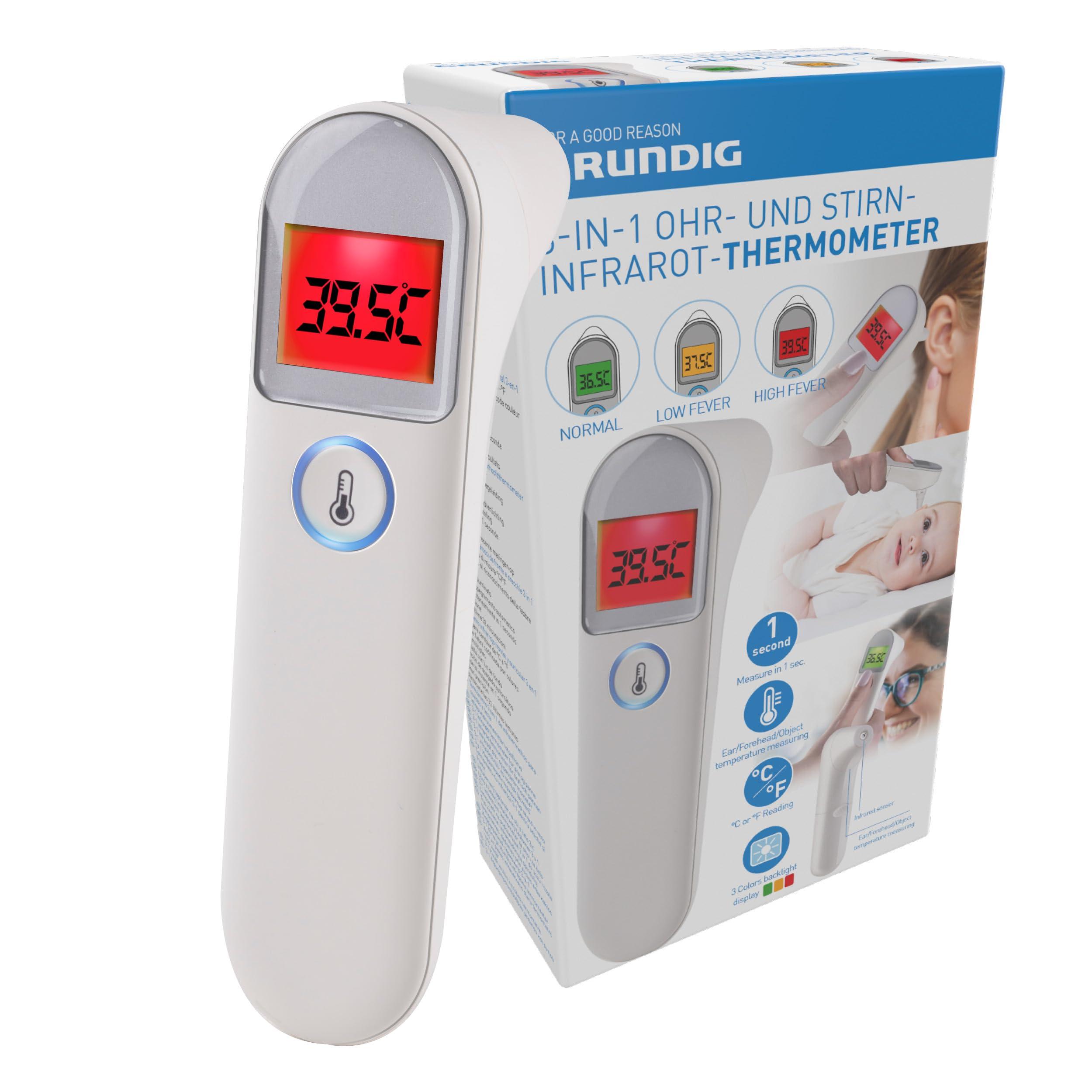 Grundig Thermomètre Infrarouge - Thermomètre Fièvre Digital - Laser Sans Contact - Pour Humains, Animaux et Objets - Pyromètre avec Codage Couleur