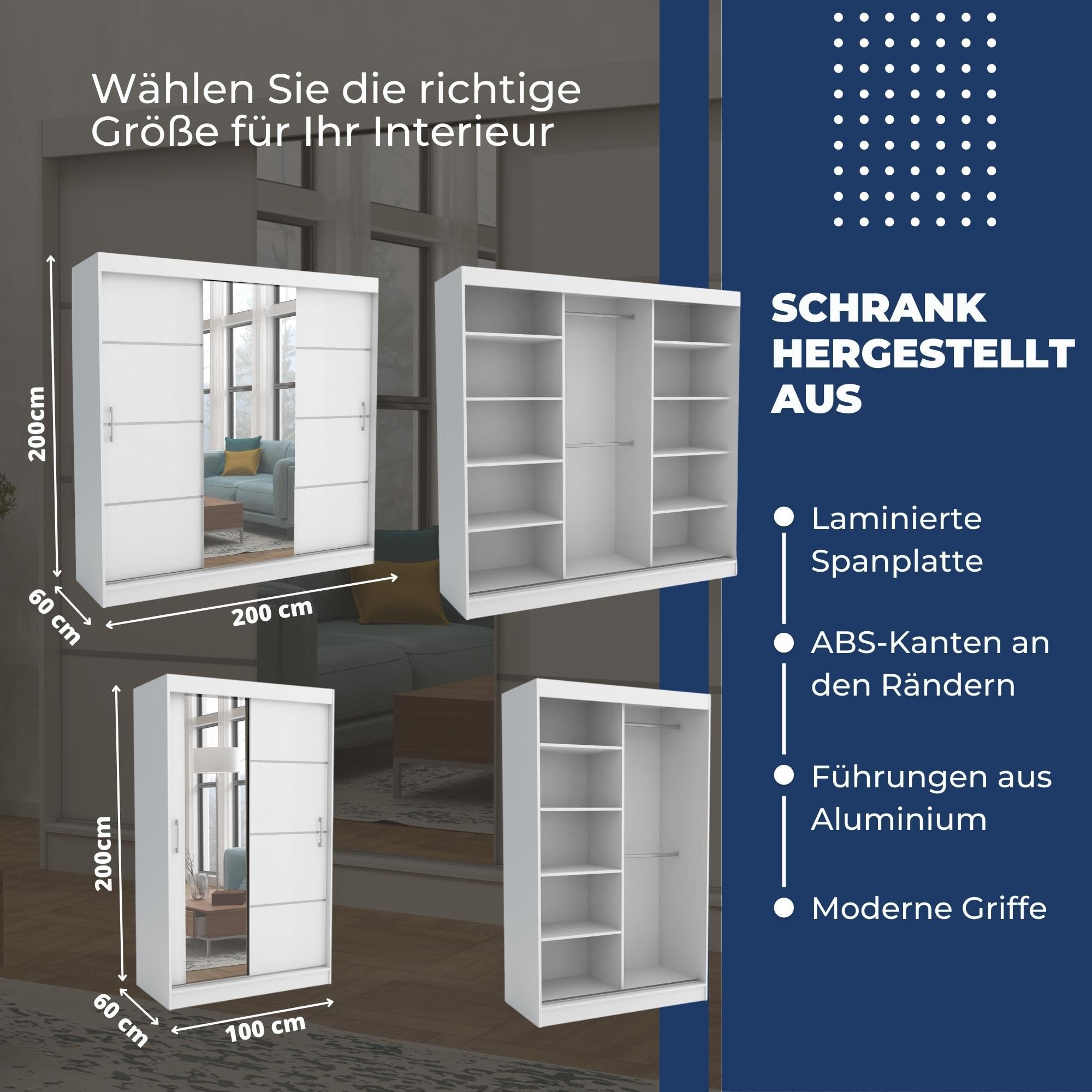 Brent - Kleiderschrank mit Schiebetüren Windsor David I 100x200x60 cm I mit Spiegel, Stangen und Einlegeböden für Kleidung I Laminierte Spanplatte I Aluminiumschienen I Weiß