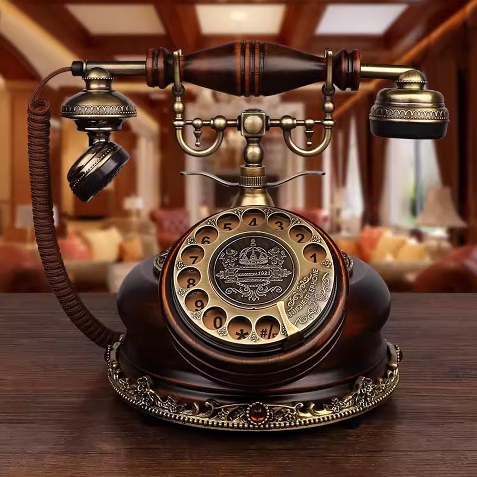 Klasyczny, europejski, antyczny telefon stacjonarny, retro, z tarczą obrotową, telefon stacjonarny z lat 20. XX wieku, z funkcją ponownego wybierania numeru, do biura i wystroju domu