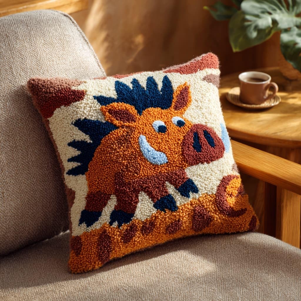 WallustrioaW Latch Hook Kit Cushion for Adults,Wild Boar 17X17 Inch, Pre-Printed Craft Latch Hook Rug Kits Cross-Stitch Embroidery Pillow Cover Kit
