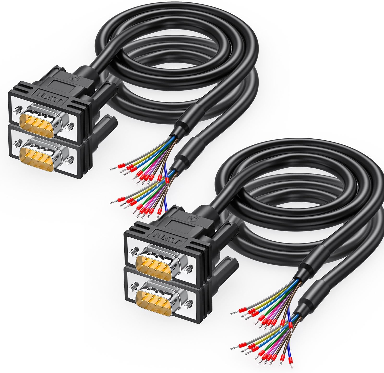 JUXINICE 4Pack DB9 Connector RS232 Serial Cable 5FT,DB9 Male to Bare Wire,D-SUB 9-Pin Connector RS232 to Bare Wire Cable,9 Wire All Provided with Wiring Terminals-Black