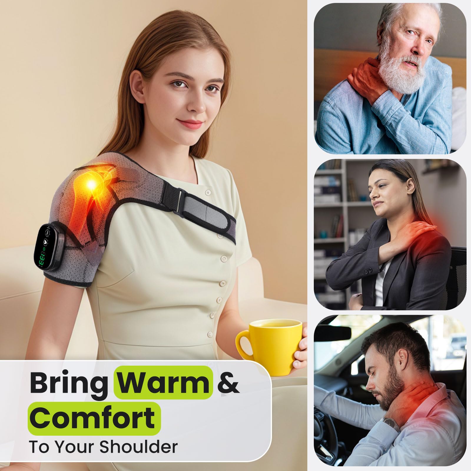Coussin De Massage Chauffant Sans Fil Pour Épaule, Attelle Chauffante Avec 3 Niveaux De Chaleur Et Vibrations, Écran Tactile Et Batterie 5000mah, Adaptée À L'Épaule Gauche/Droite Pour Unisexe (Gris)