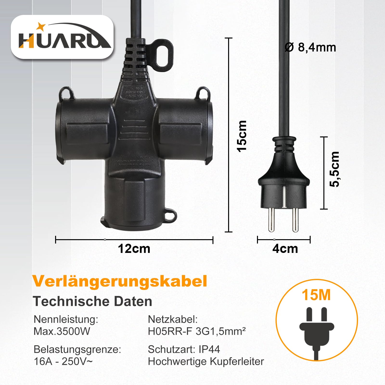 Cavo di prolunga per esterni, 15 m, con 3 prese Schuko, prolunga in gomma da 3500 W, con tappo di protezione per esterni, IP44, cavo di alimentazione H05RR-F 3G1,5 mm² con 3 collettore a 3 scomparti,
