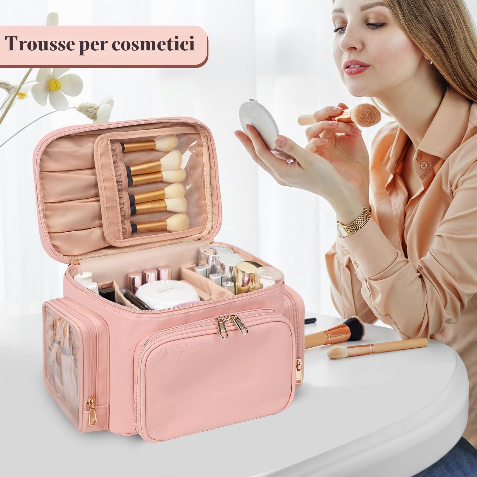 Grande trousse per il trucco da viaggio per donna con scomparto portapennelli, organizer portatile, Rosa