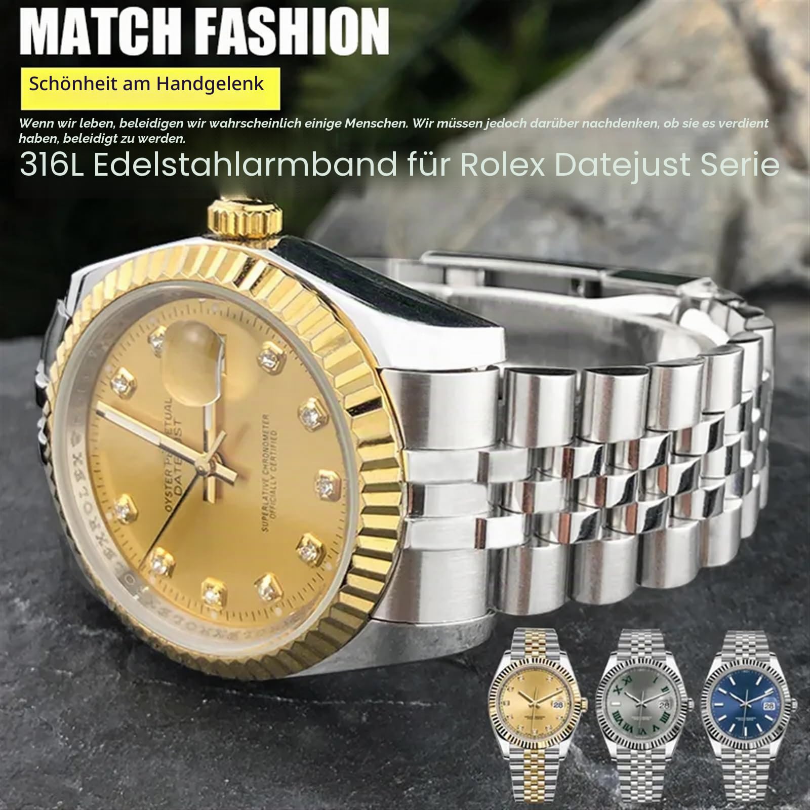 316L Edelstahl-Armband, 20 mm, passend für Rolex Datejust Oyster Perpetual 36 mm, Zifferblatt-Armband, silberfarben, goldfarben, solides Armband