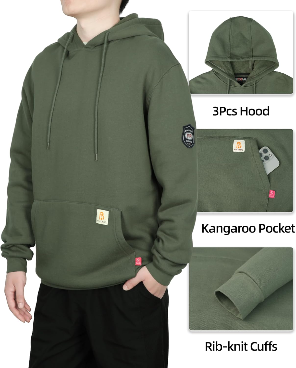 BOCOMAL FR Hoodies Pullover 10.5oz Cotton Fleece Flame Resistant Hooded Sweatshirts - Image 5