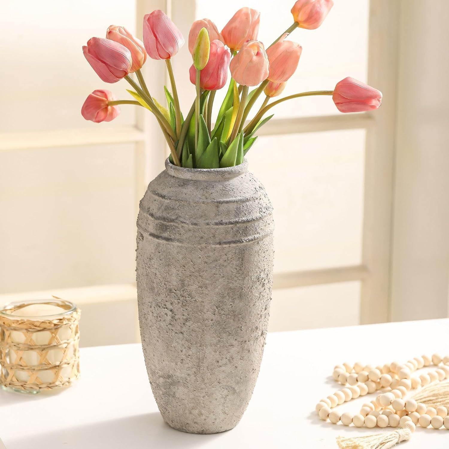 Large Ceramic Rustic Vase, 12.87 inch Tall Vintage Farmhouse Flower Pottery Vase for Home Decor, Living Room Shelf Decor,Enterway, Table Decoration - Image 6