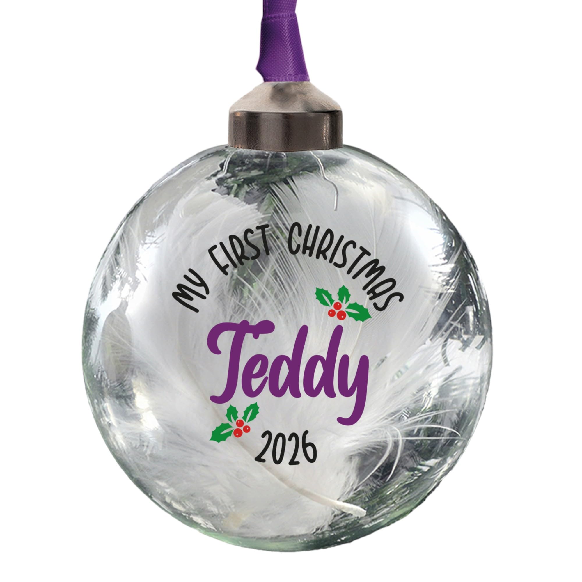 Personalised My First Christmas Bauble Babies 1st Christmas Keepsake First new baby Ornament 8cm Round Glass Bauble in 11 font colours (Purple)