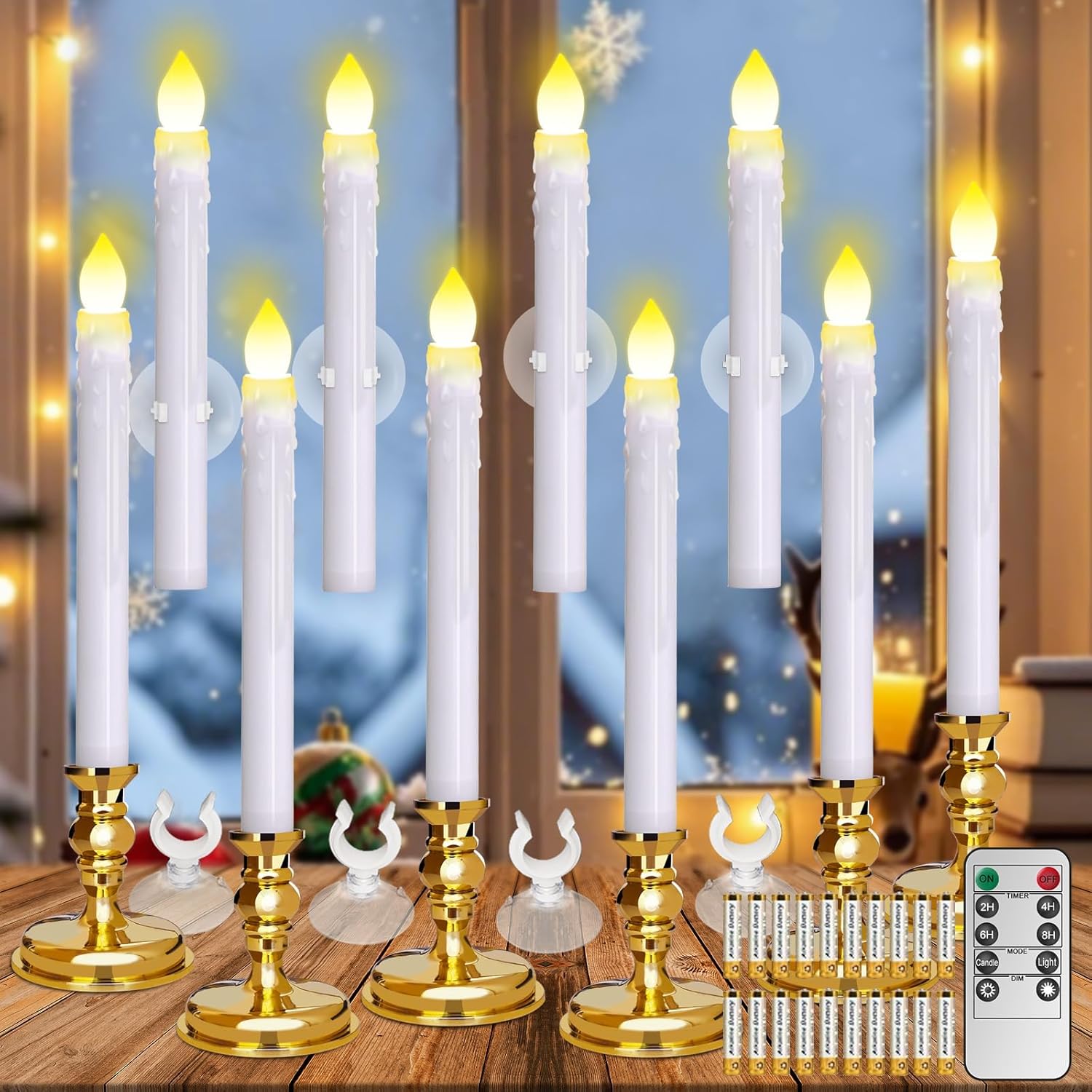 Flameless Candles 10 Pack Battery Operated Window Candles with Drip Texture,Remote Timer,10 Removable Candle Holders,10 Suction Cups,20 AA Batteries for Home Decor Christmas Wedding(Gold)