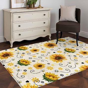 Vintage Sunflower Area Rugs 3x5 for Living Room Bedroom, Summer Botanical Farmhouse Floral Indoor Outdoor Area Rug, Washable Bathroom Rugs Kitchen Carpet Home Decor Aesthetic