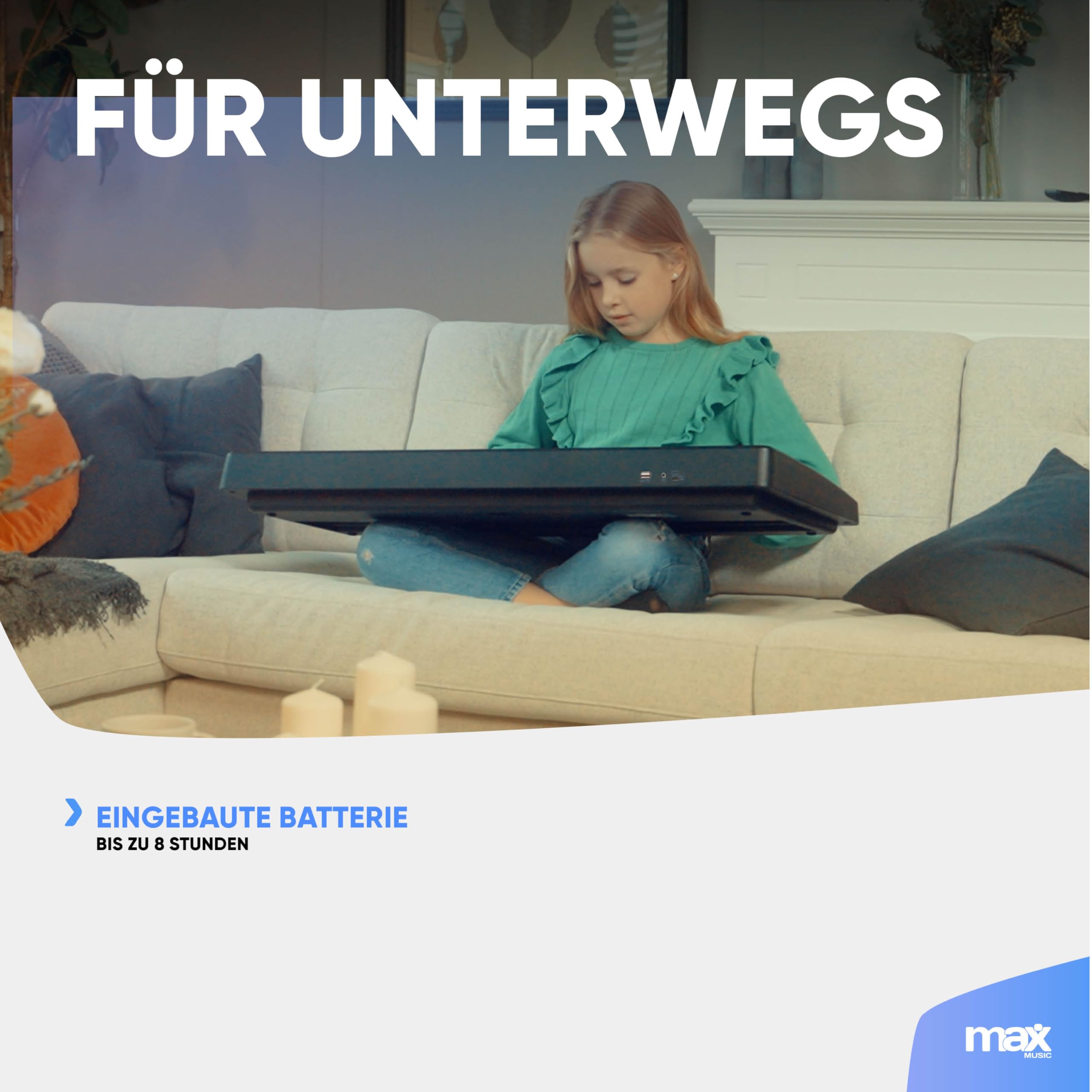 MAX KD61 Elektronische Tastatur für Kinder, 61 Tasten, mit Akku, Mikrofon, LED-Display, Aufnahme, Rhythmen, Akkorde und Lernfunktionen für Anfänger ab 5 Jahren – Schwarz