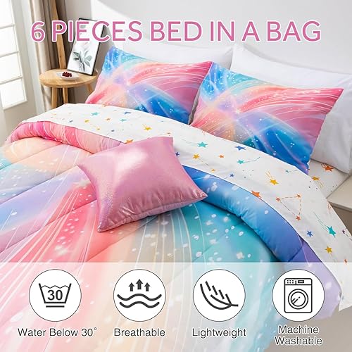Miniatura 3 de Btargot Juego de edredón súper suave de 6 piezas con anillo de estrella degradada, juego de ropa de cama colorido con patrón de estrellas arcoíris