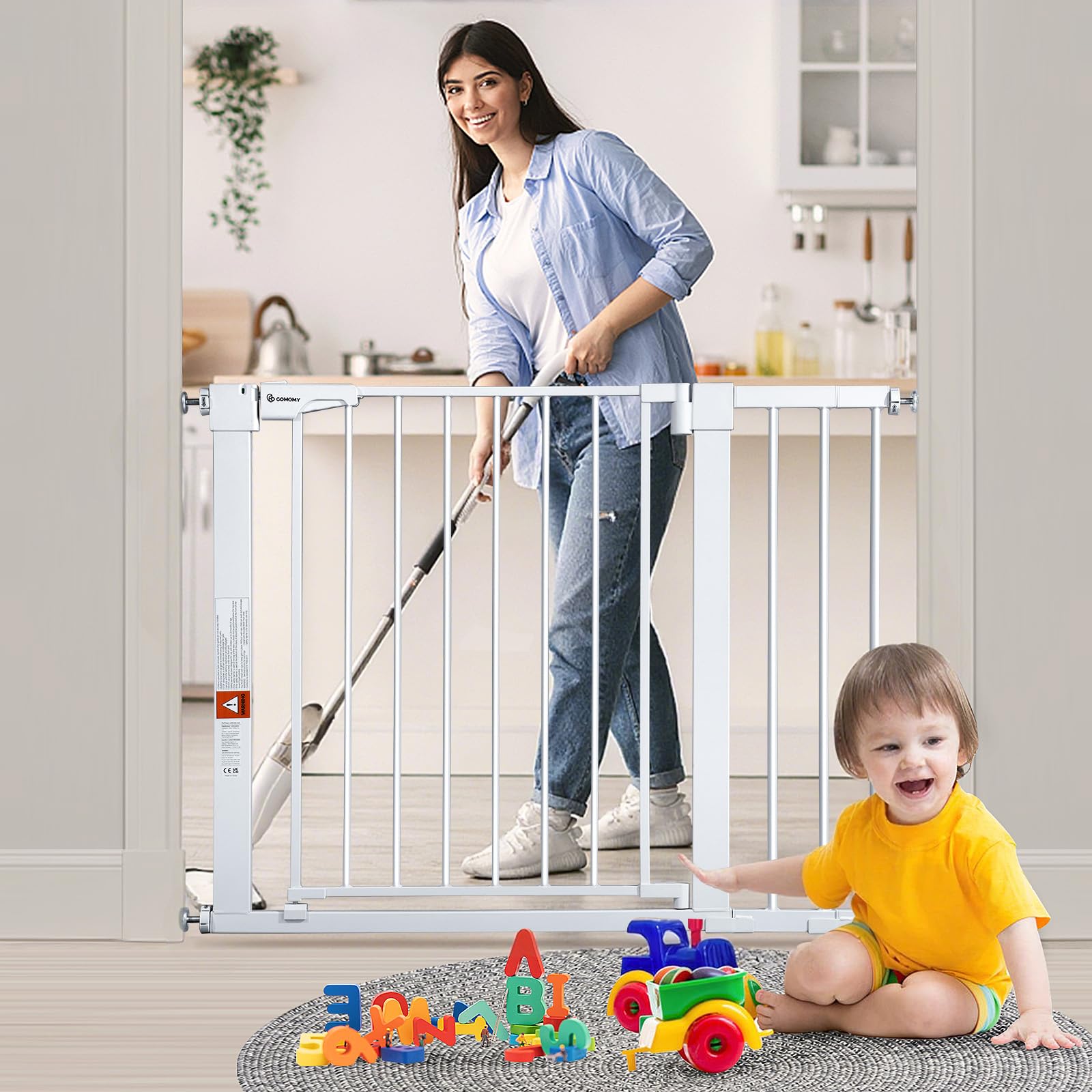 COMOMY Treppenschutzgitter ohne Bohren, 75 bis 103cm Türschutzgitter für Kinder und Haustiere, Kindergitter mit 7cm und 14cm Verlängerungen, 90° Stop, Selbstschließend, Weiß