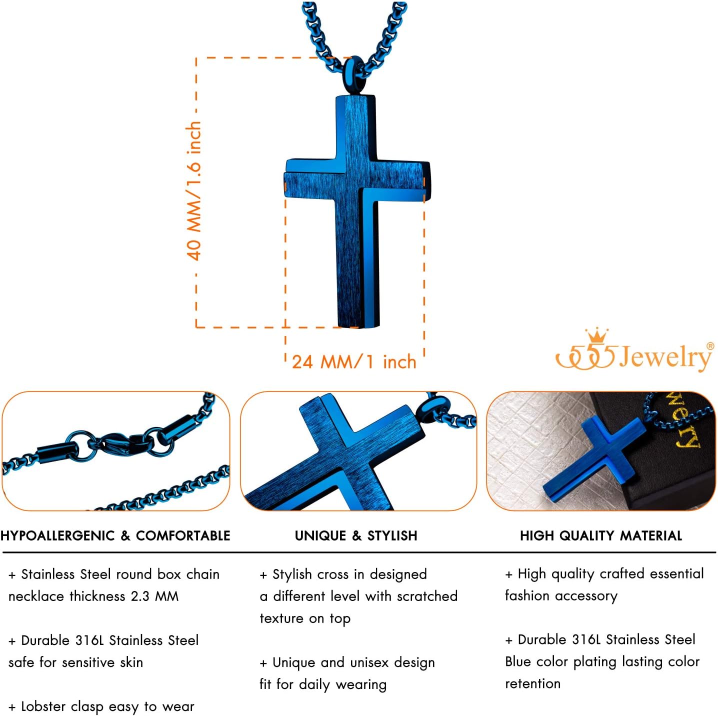 555Jewelry Stainless Steel Box Chain Cross Necklace for Men & Women, 16-24 Inch - Image 5