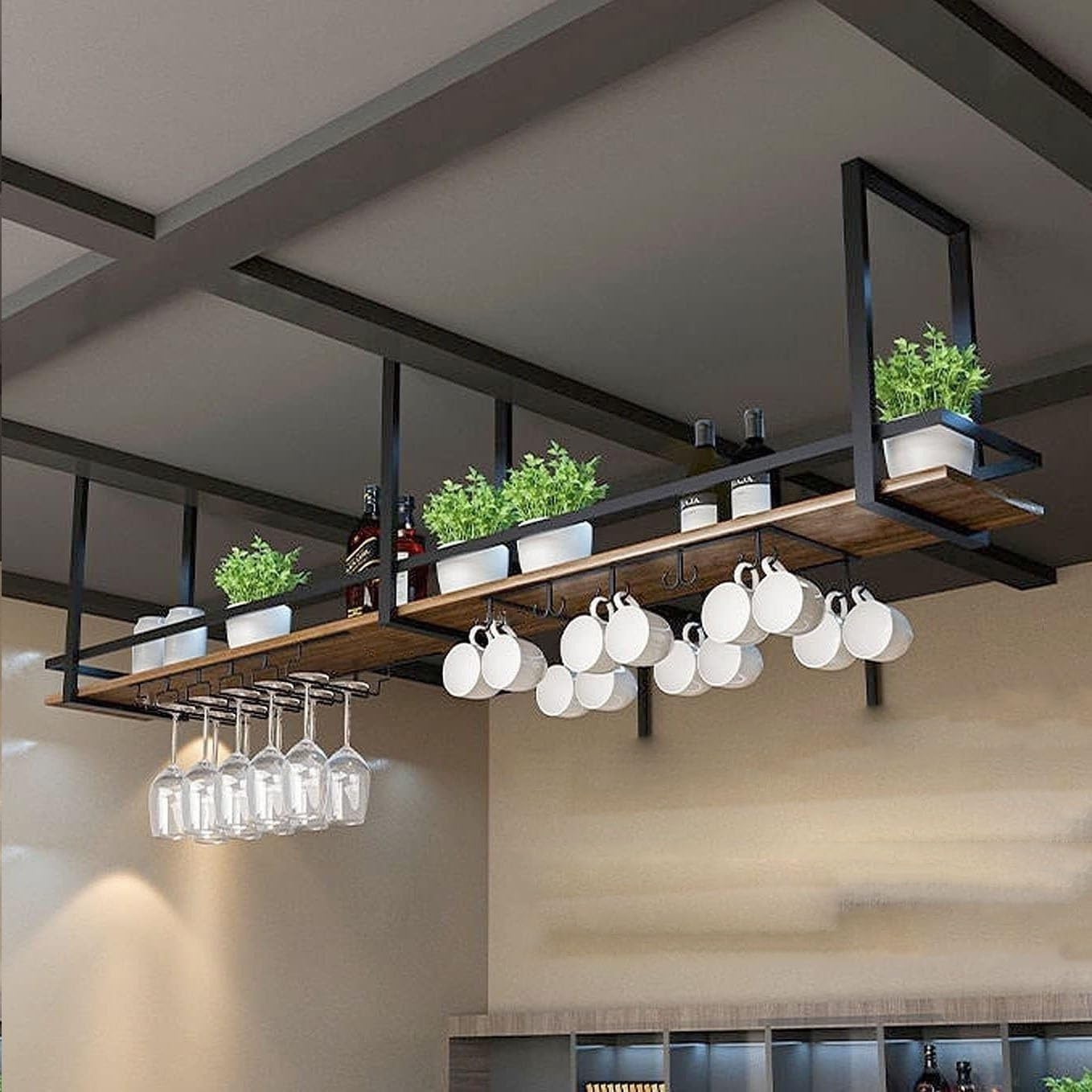 Wine rackC - Hanging Wine Glass Rack Retro Iron Solid Wood Wine Bottle Rack Display Stand 1-Tier Inverted Wine Glass Rack Floating Shelf Multifunctional Bar Kitchen Storage Rack (Size: 120)