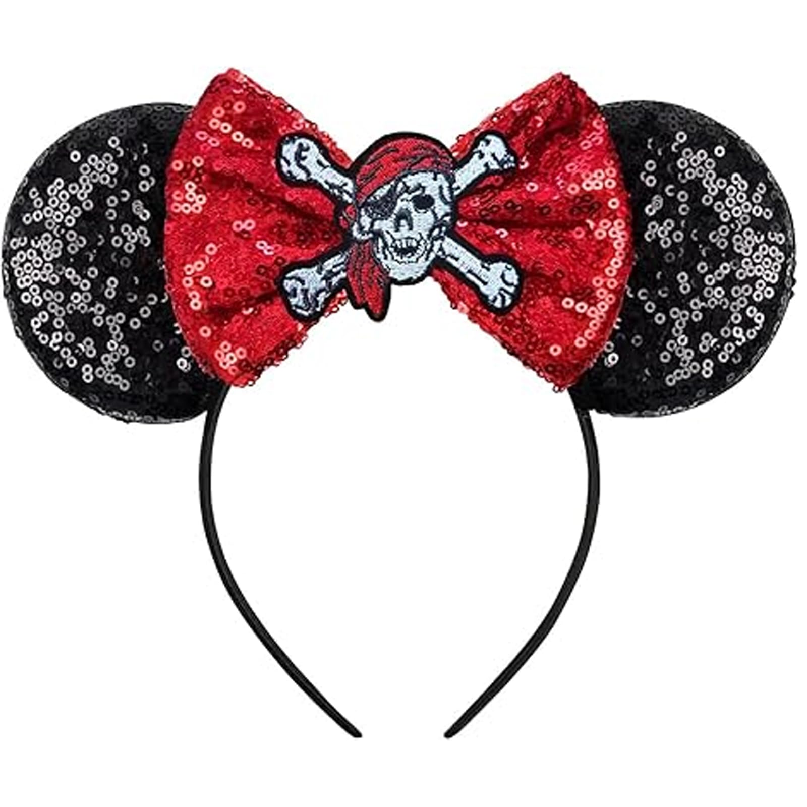 Halloween accessories Pirate Mouse Ears Headband Sparkly Black Sequin Ears With Red Skull and Crossbones Bow, Fun Costume Accessory for Trick Or Treating, Masquerade, Cosplay, and Halloween Party