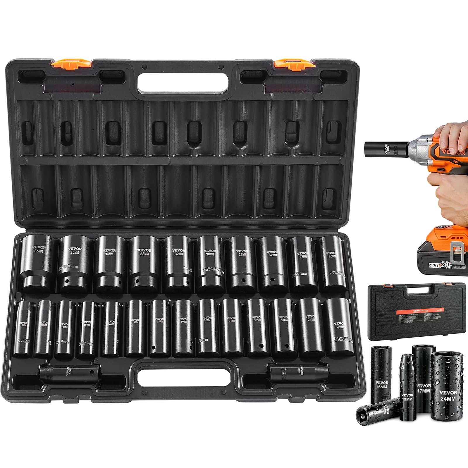 1/2" Drive Impact Socket Set, 26 Piece, Metric 10 to 36 mm