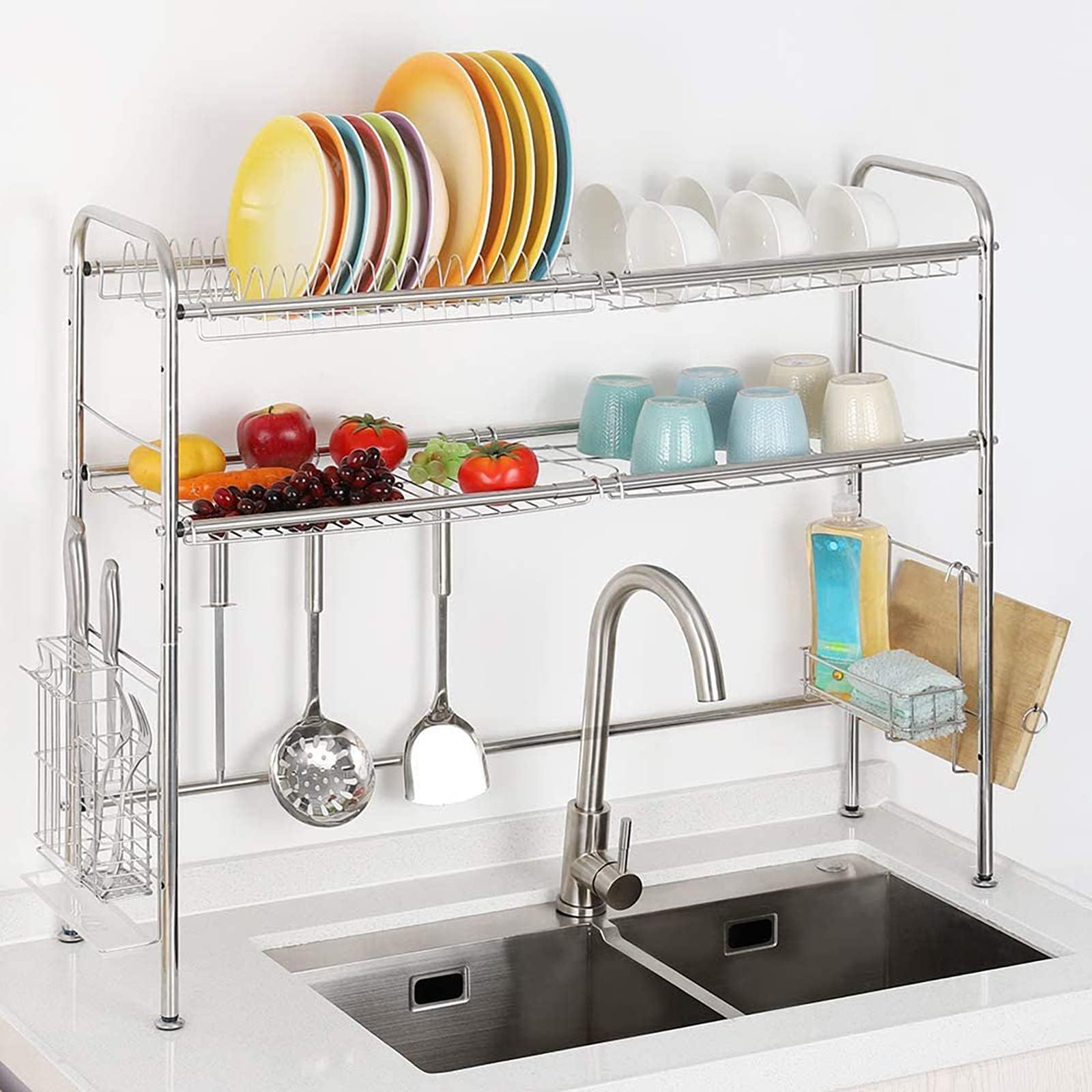 HEOMU Over Sink Dish Drying Rack, 2-Tier Stainless Steel Dish Rack Over Sink, Dish Drainer Kitchen Storage Organizer Adjustable Length with Chopsticks Storage Basket