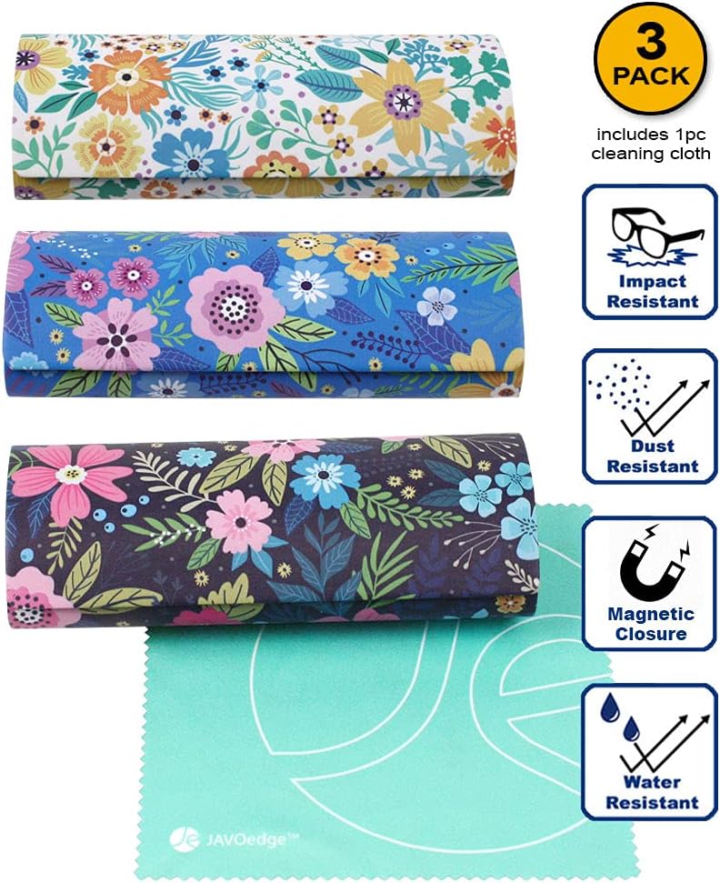 JAVOedge [3 PACK], Various Pattern Long Oval Hard Glasses Case Includes Microfiber Cleaning Cloth - Image 2