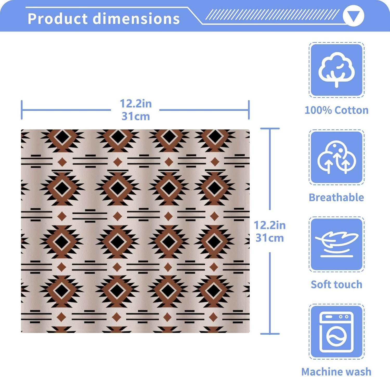 Western Aztec Washcloths Towels, Highly Absorbent and Soft Cotton Face Cloths, 6 Pack Quick Dry Wash Cloths - 12 X 12 Inches