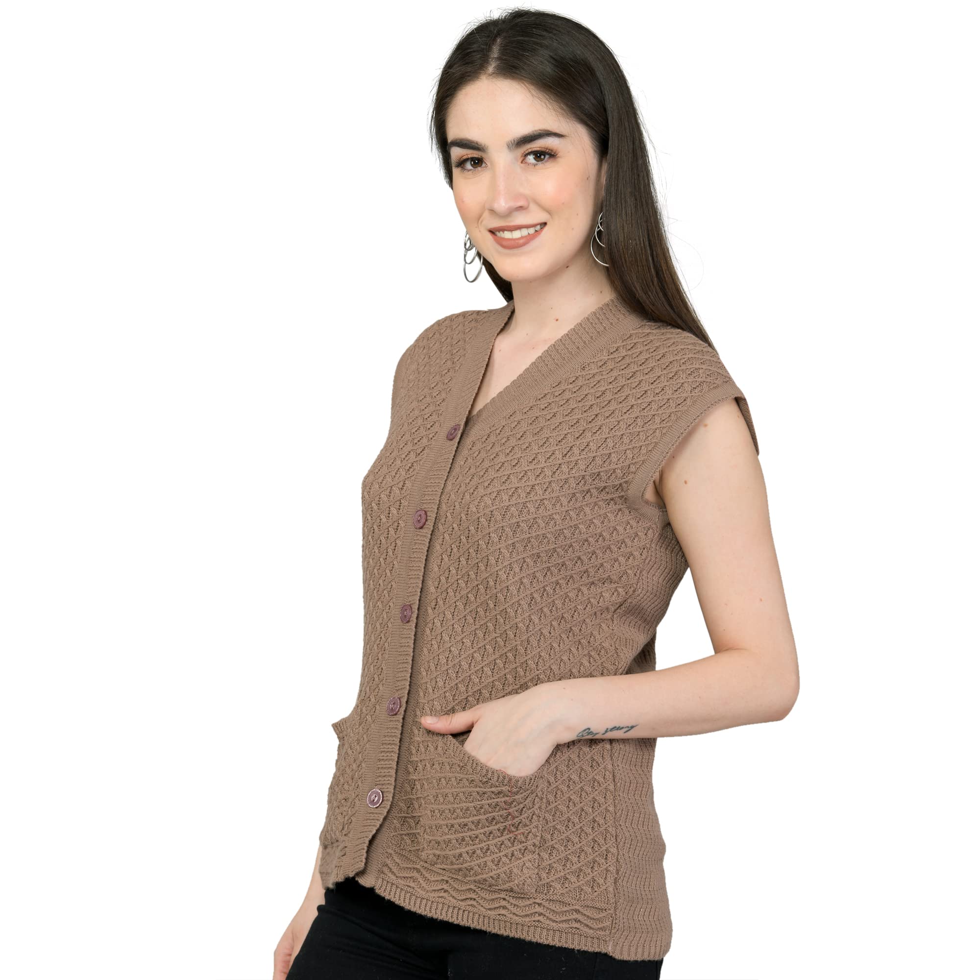 lady willington Women Woolen Cardigan Sleeveless Self Design Cardigan Daffodil Fabric Winter Wear Pure Wool Cardigan 100% Daffodil Free Size Cotty Fully Warm with Front Pockets (L, Dark Walnut)-picture-39