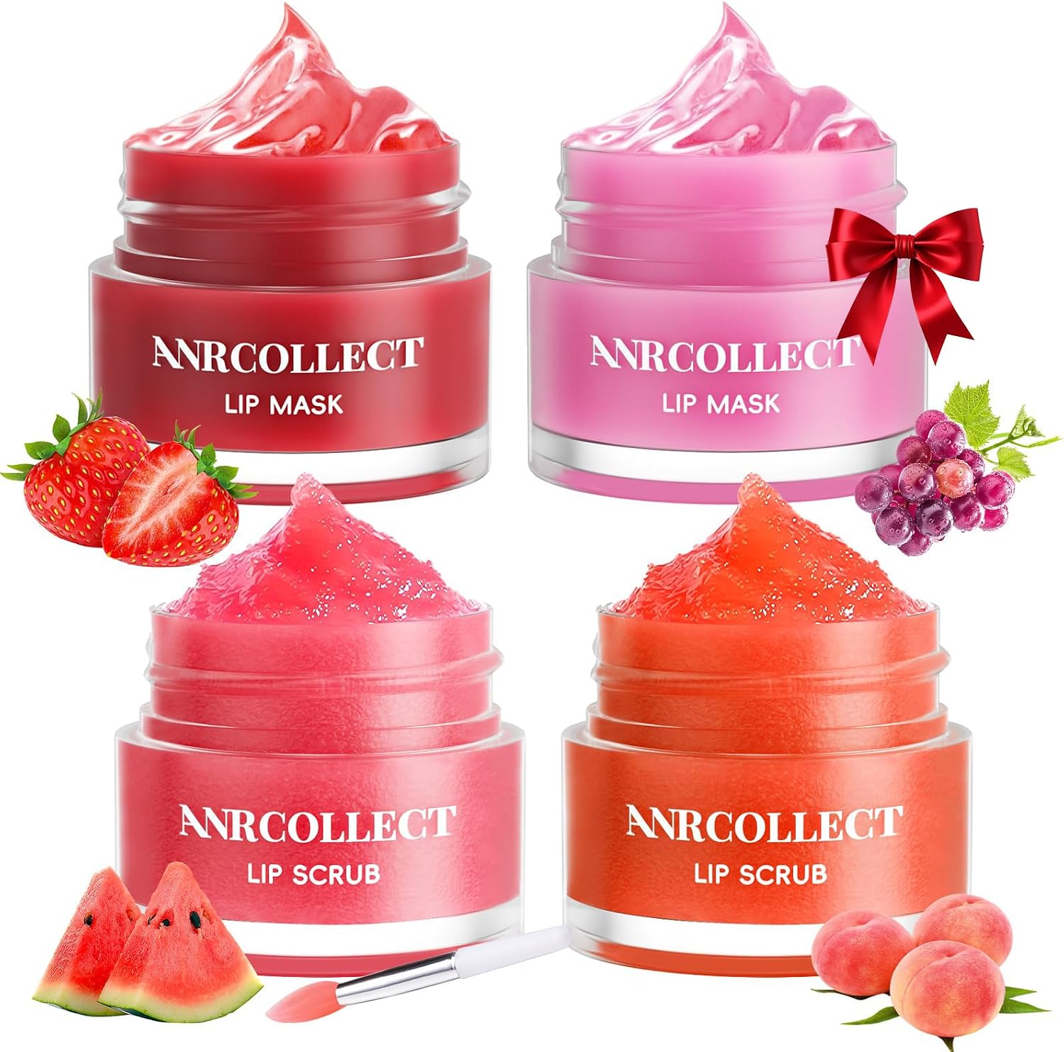 ANRCOLLECT Lip Scrub & Lip Mask - Overnight Lip Care Kits with 2 Lip Exfoliator & 2 Sleeping Lip Balm, Intense Hydration Lip Set for Dry Chapped Cracked Lips, Exfoliate & Moisturize, 4 Pack Lip Kits
