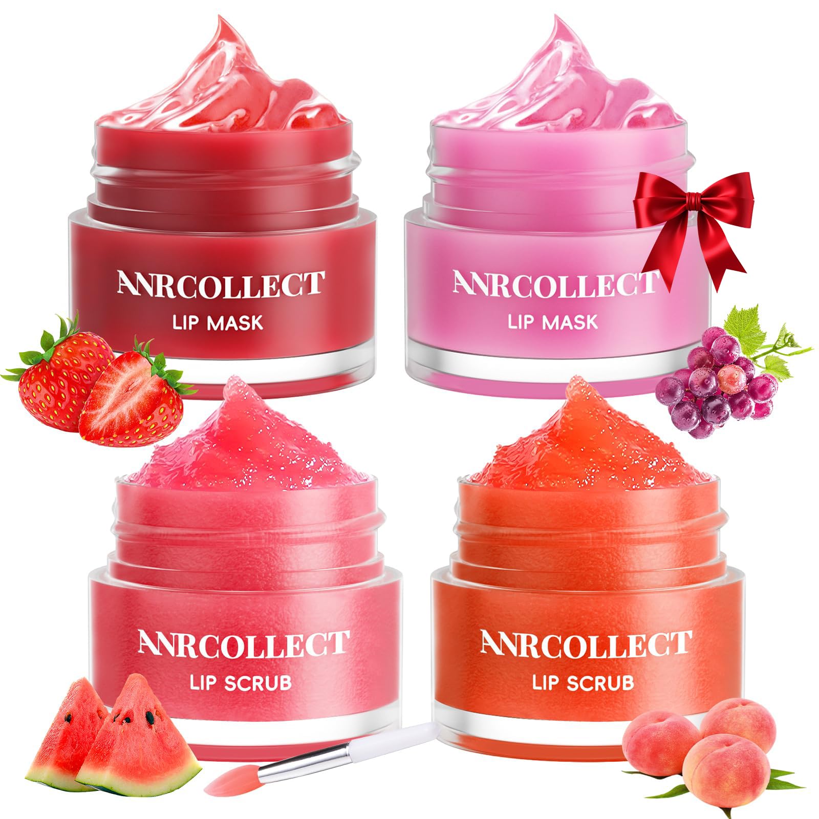 ANRCOLLECT Lip Scrub & Lip Mask - Overnight Treatment Lip Care Kits with 2 Lip Exfoliator & 2 Sleeping Lip Balm, Intense Hydration Lip Set for Dry Chapped Cracked Lips, Exfoliate & Moisturize (4 Pack)